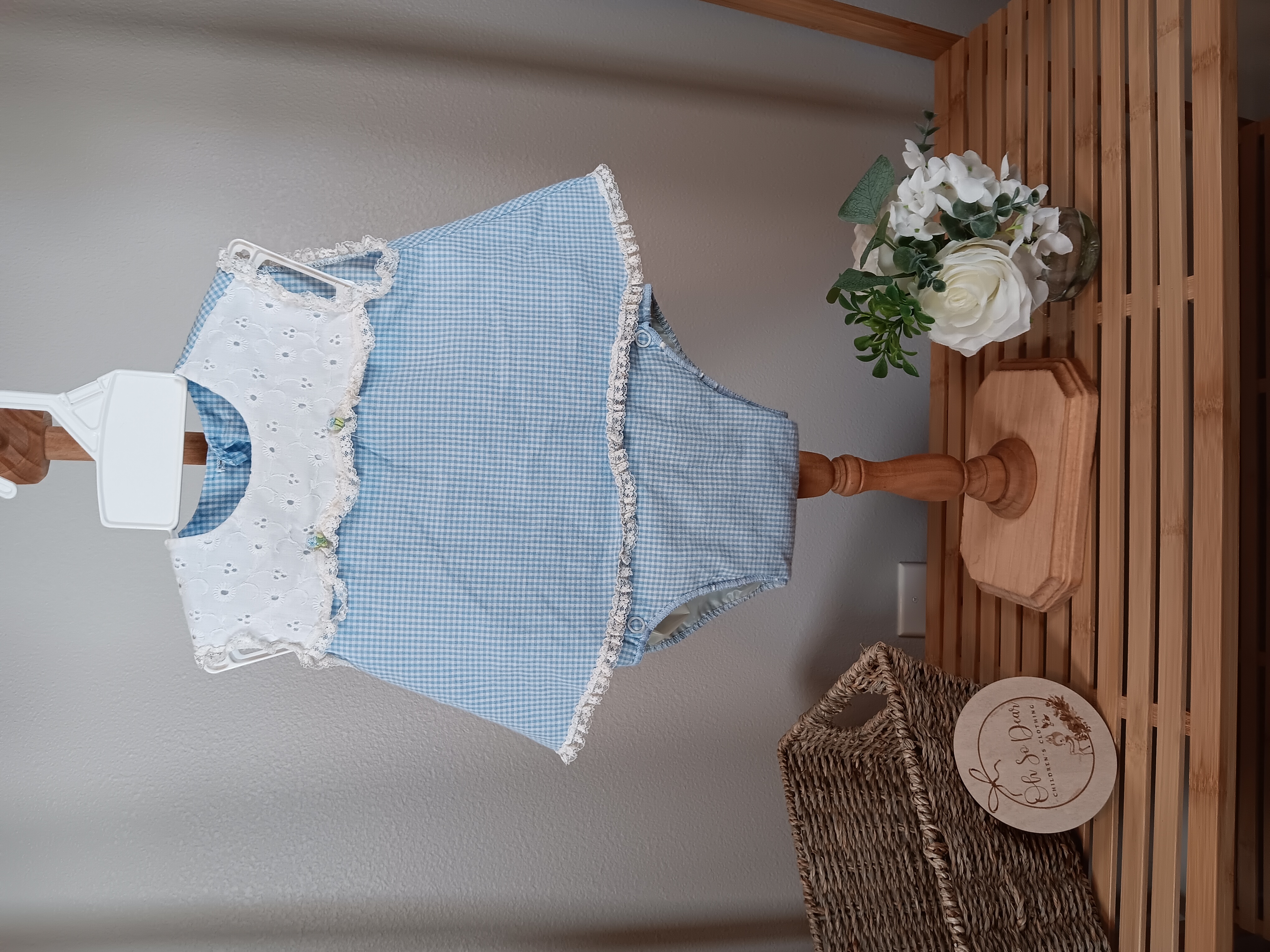Vintage blue gingham dress and panties with liner Flaw lace coming loose on front in one spot guessing 3 to 6 months