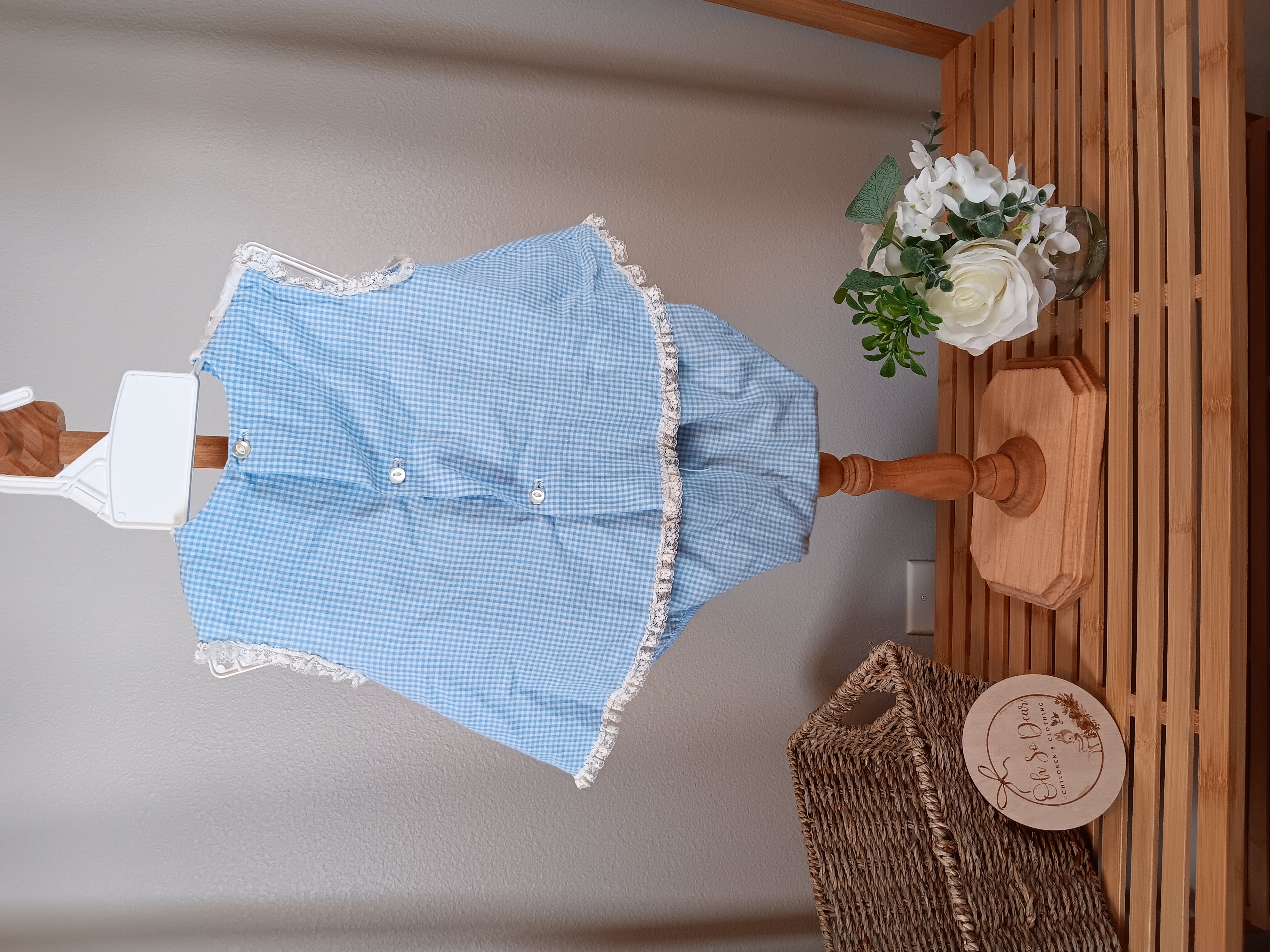 Vintage blue gingham dress and panties with liner Flaw lace coming loose on front in one spot guessing 3 to 6 months