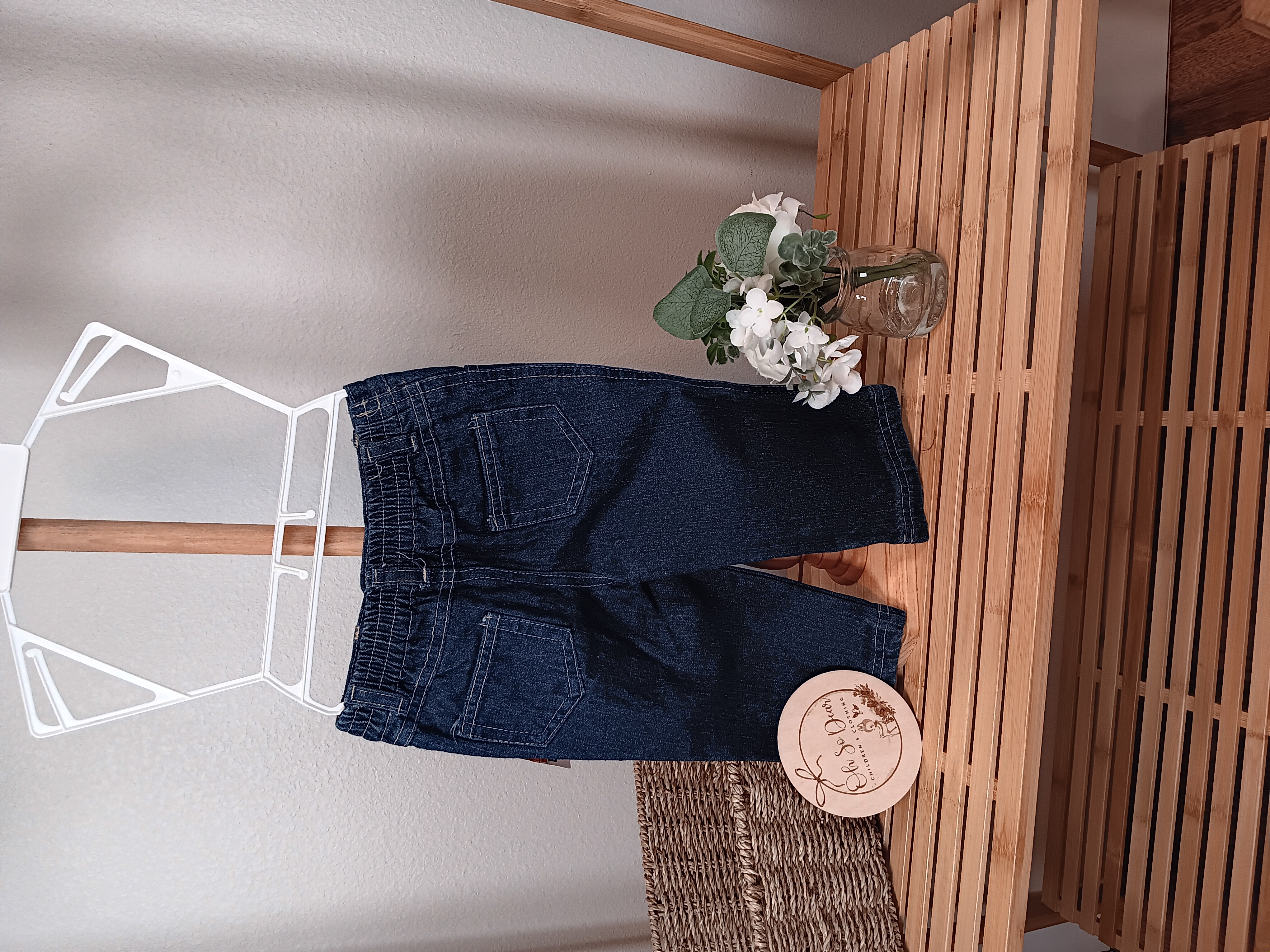 Cute Young Hearts brand elastic back jeans 12 months with Flower on leg