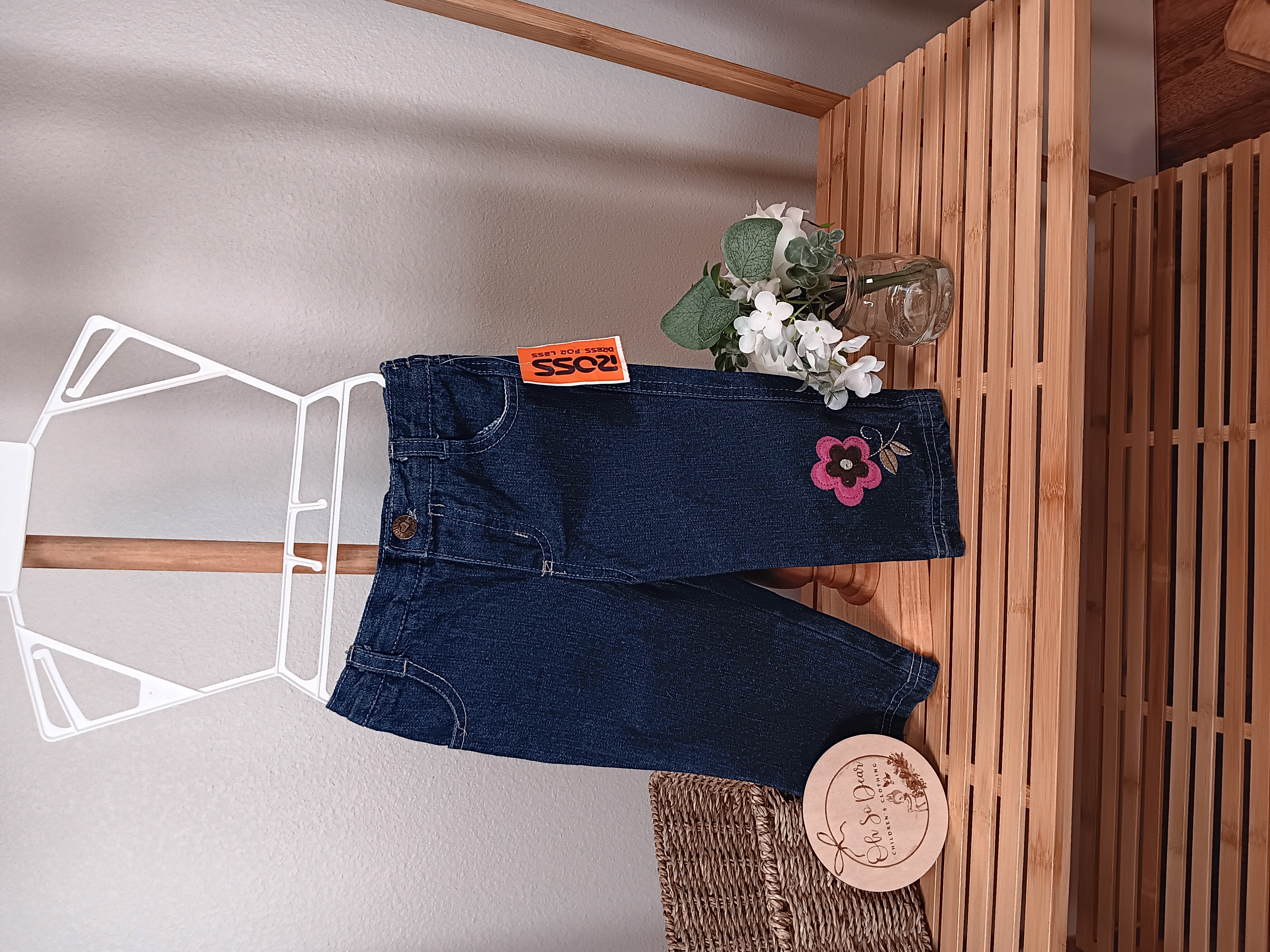 Cute Young Hearts brand elastic back jeans 12 months with Flower on leg