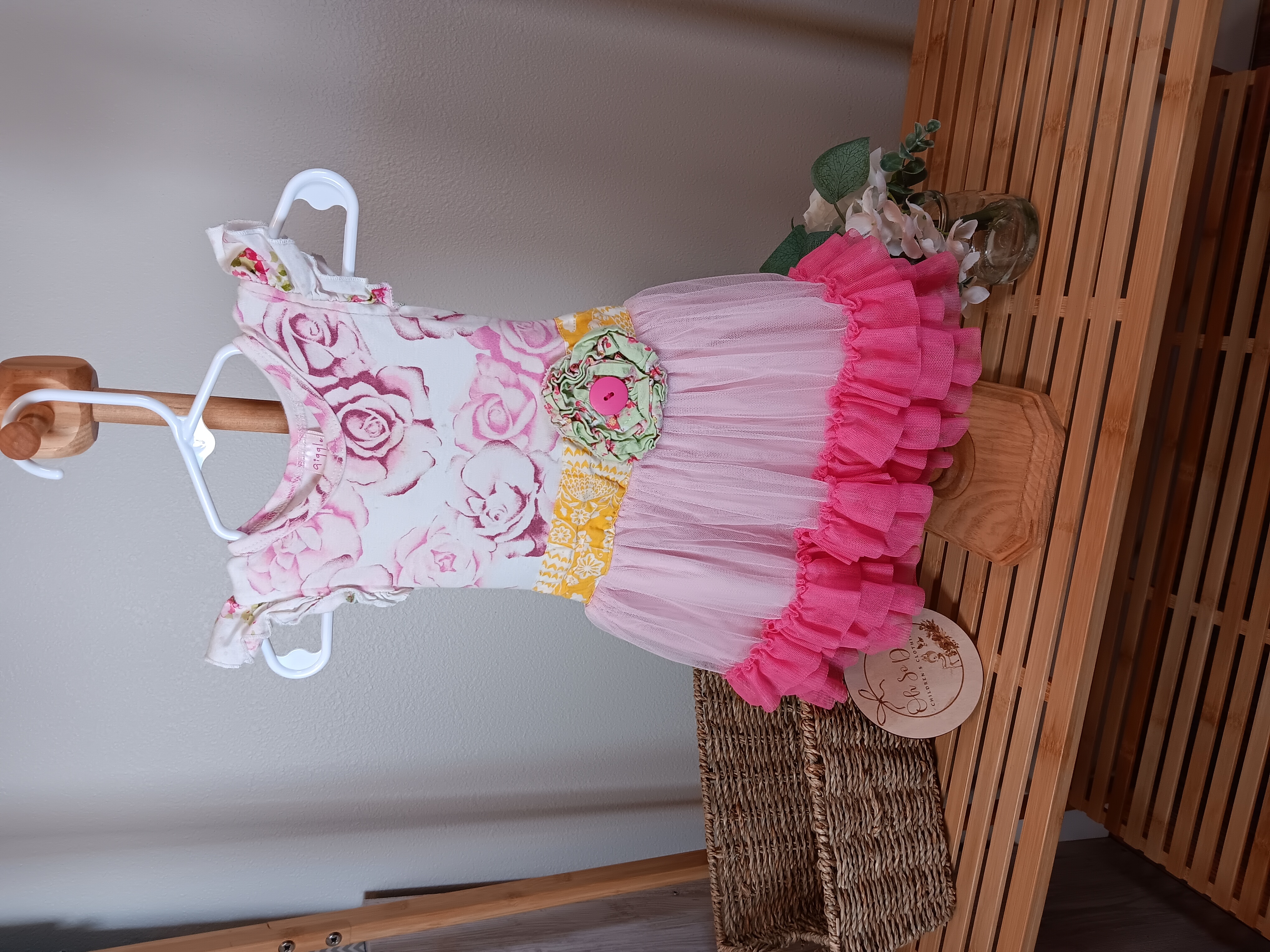 Giggle Moon brand dress with rose design size 24 months Flaw on Tulle stitching missing 