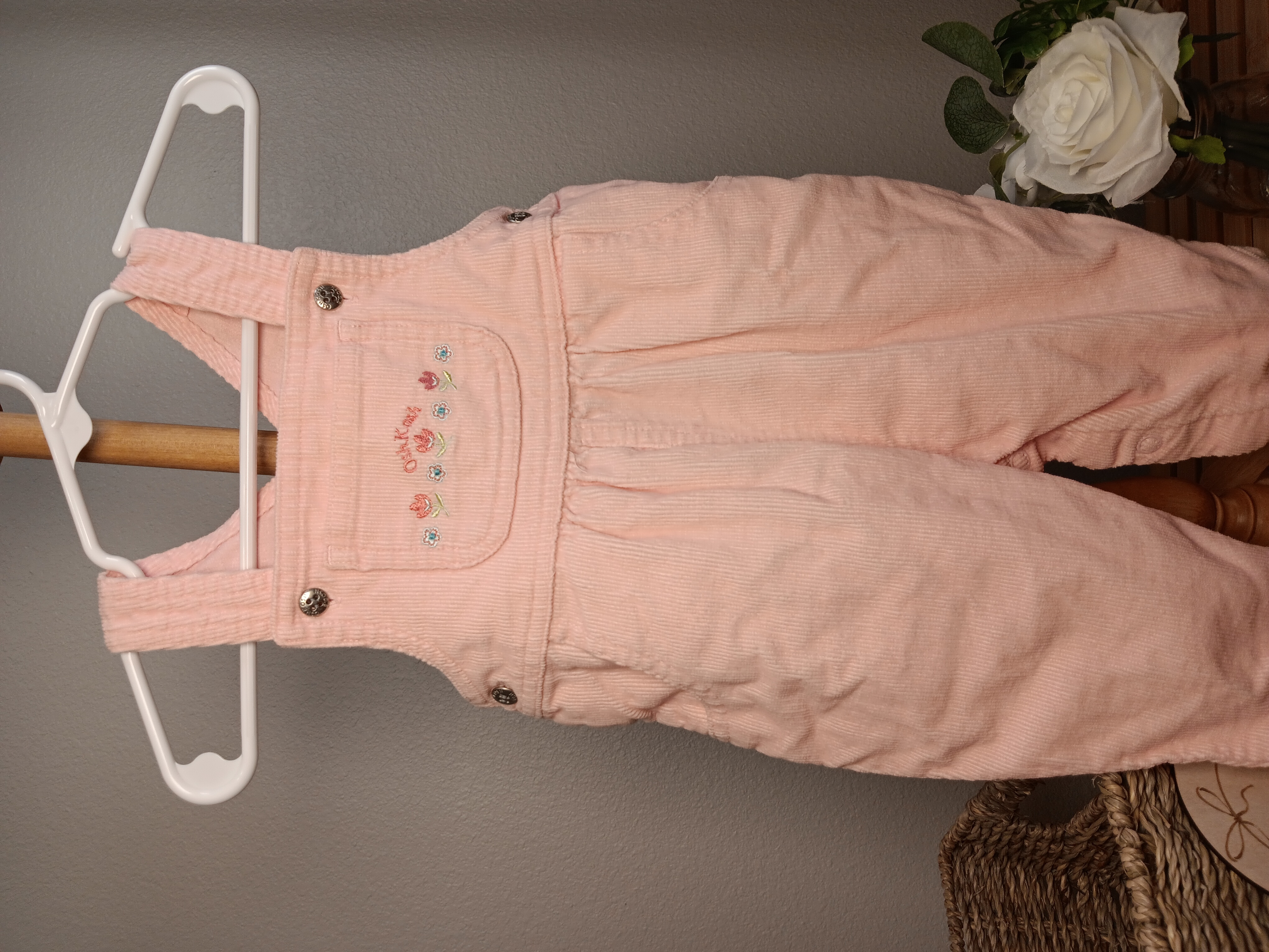 Baby Pink Corduroy Overalls, Adorable floral-embroidered overalls for infants Baby Oshkosh B'Gosh size 3 to 6 months