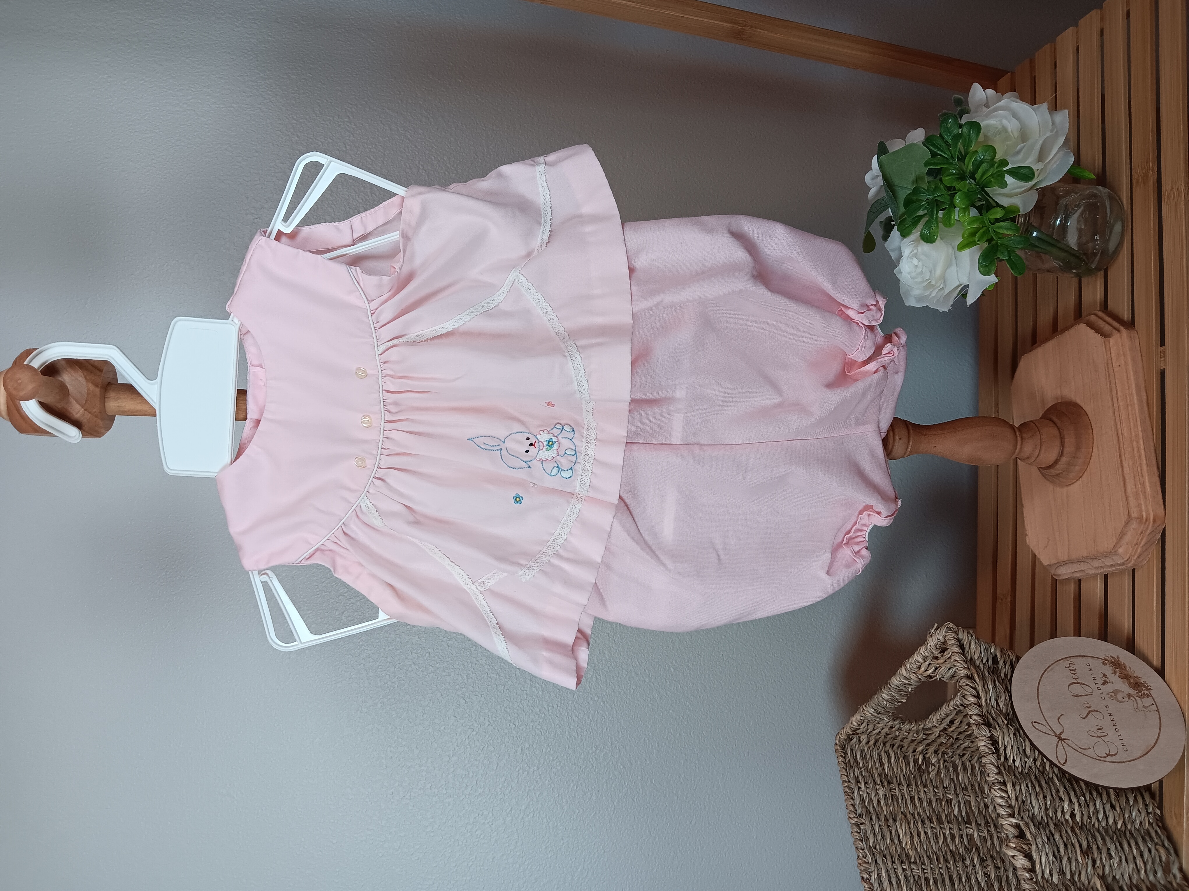 Baby Pink Adorable bunny embroidered infant outfit dress guessing 3 to 9 months size Vintage