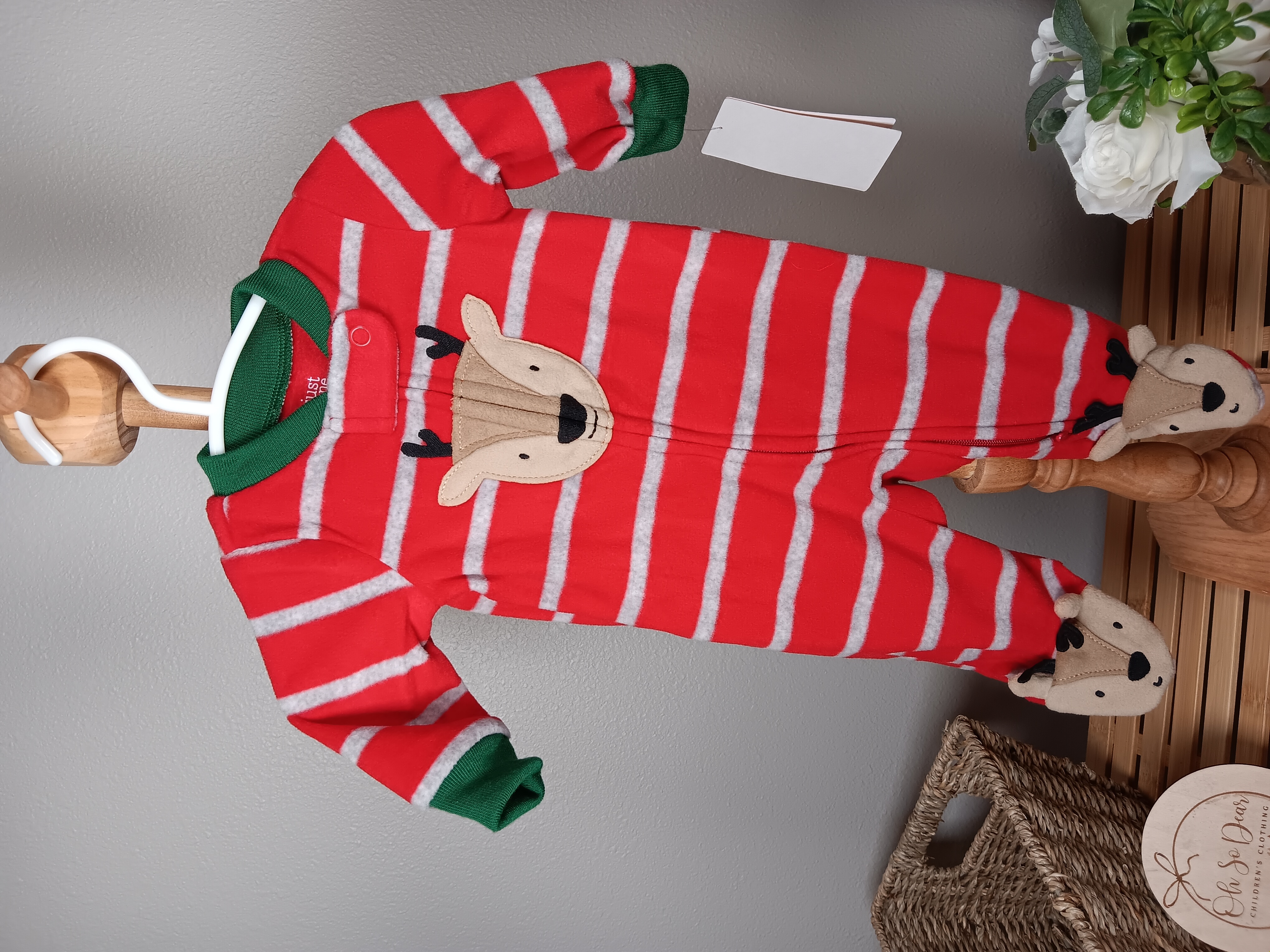 Infant Reindeer Stripe Sleepsuit Cozy red and white striped baby sleeper with reindeer design Just one you brand size newborn NWT