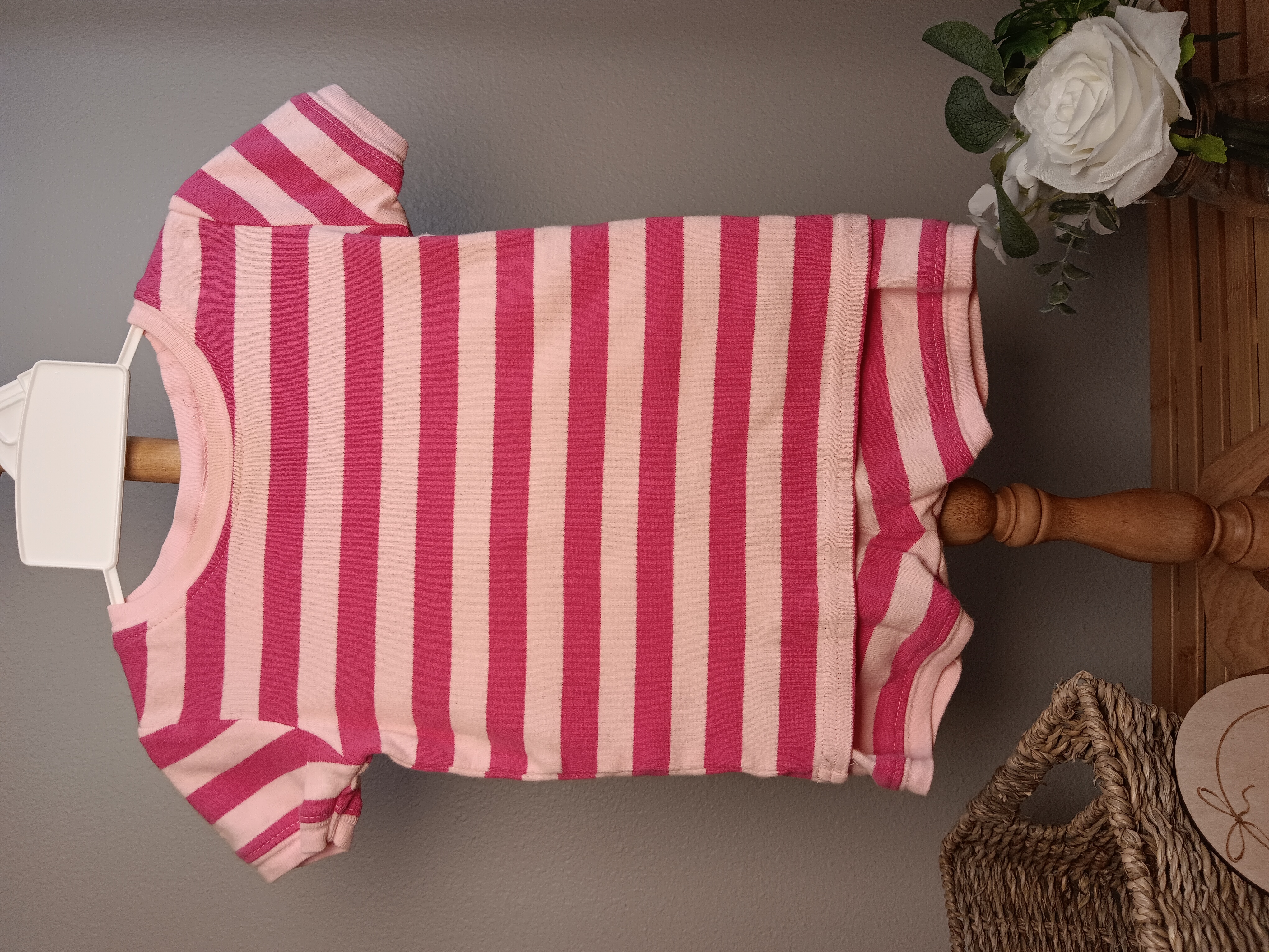 Pink and White Striped Baby PJ set Flawed slight staining at neck. Comfortable cotton set for infants