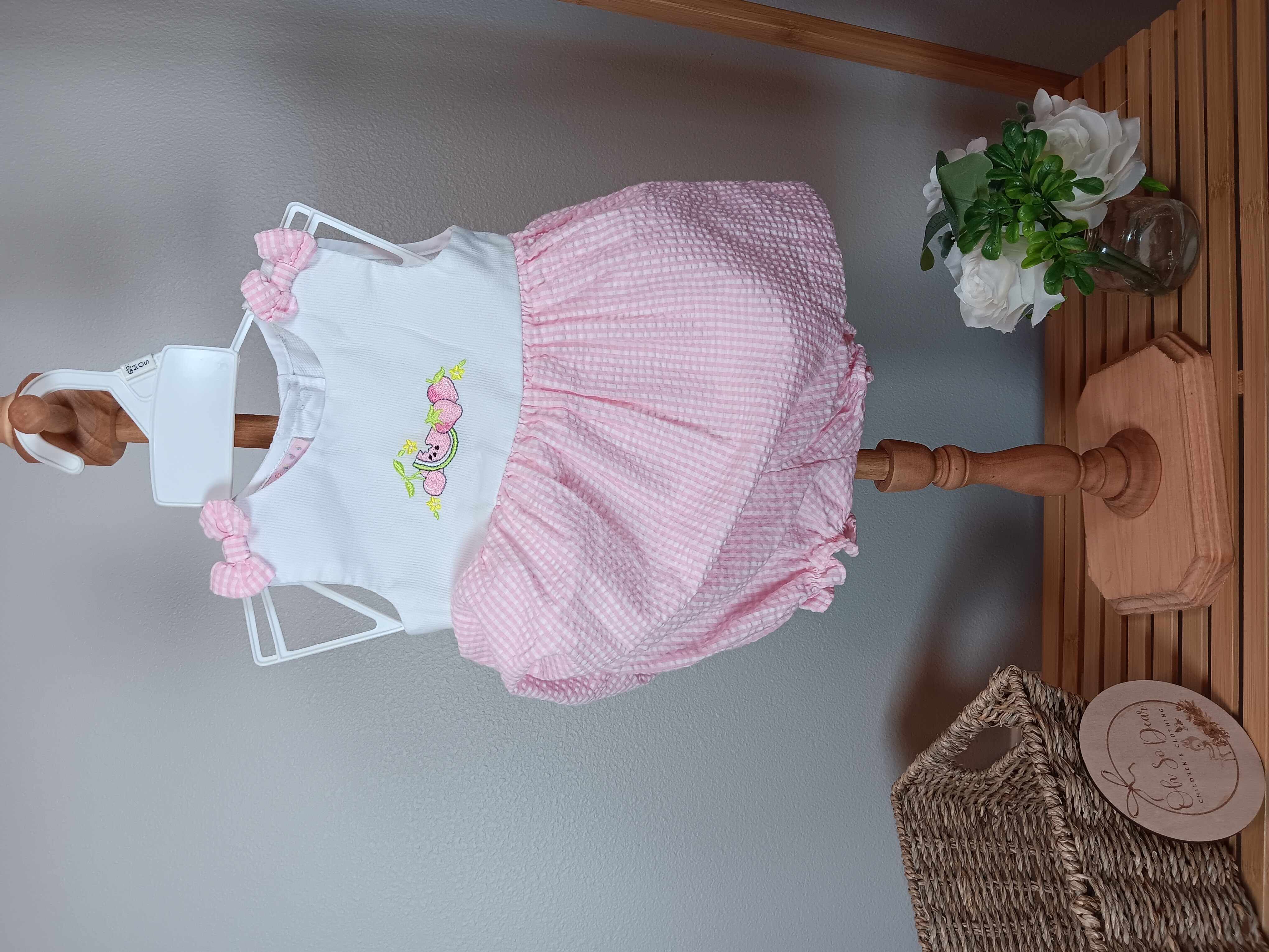 Baby Girl dress with bloomers size 6 to 9 months by Samara, Cherries watermelon and strawberries embroidered on chest seersucker fabric, Flawed