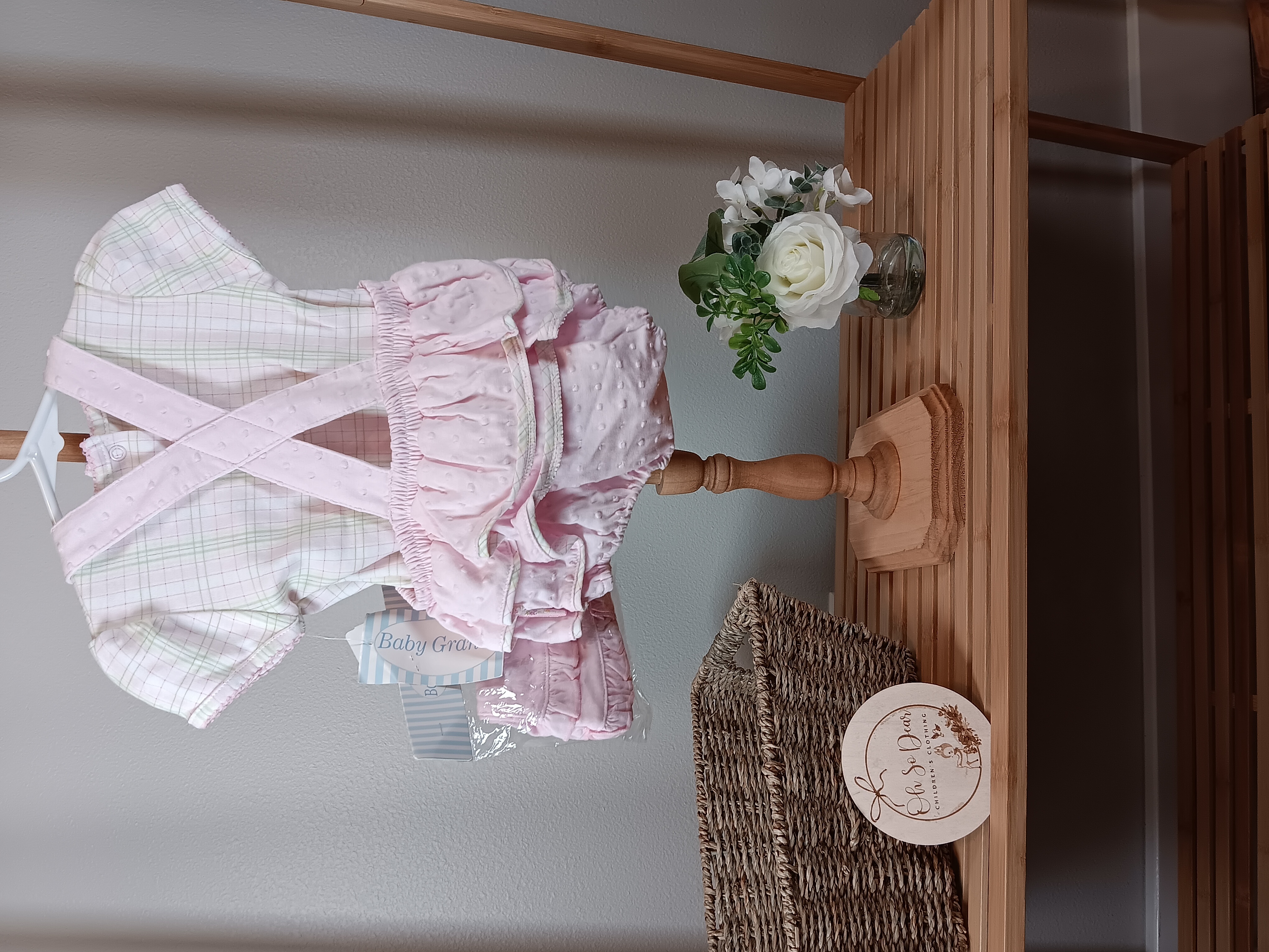  Adorable embroidered three-piece set for infants shirt, romper overalls and hat 6 to 9 months NWT
