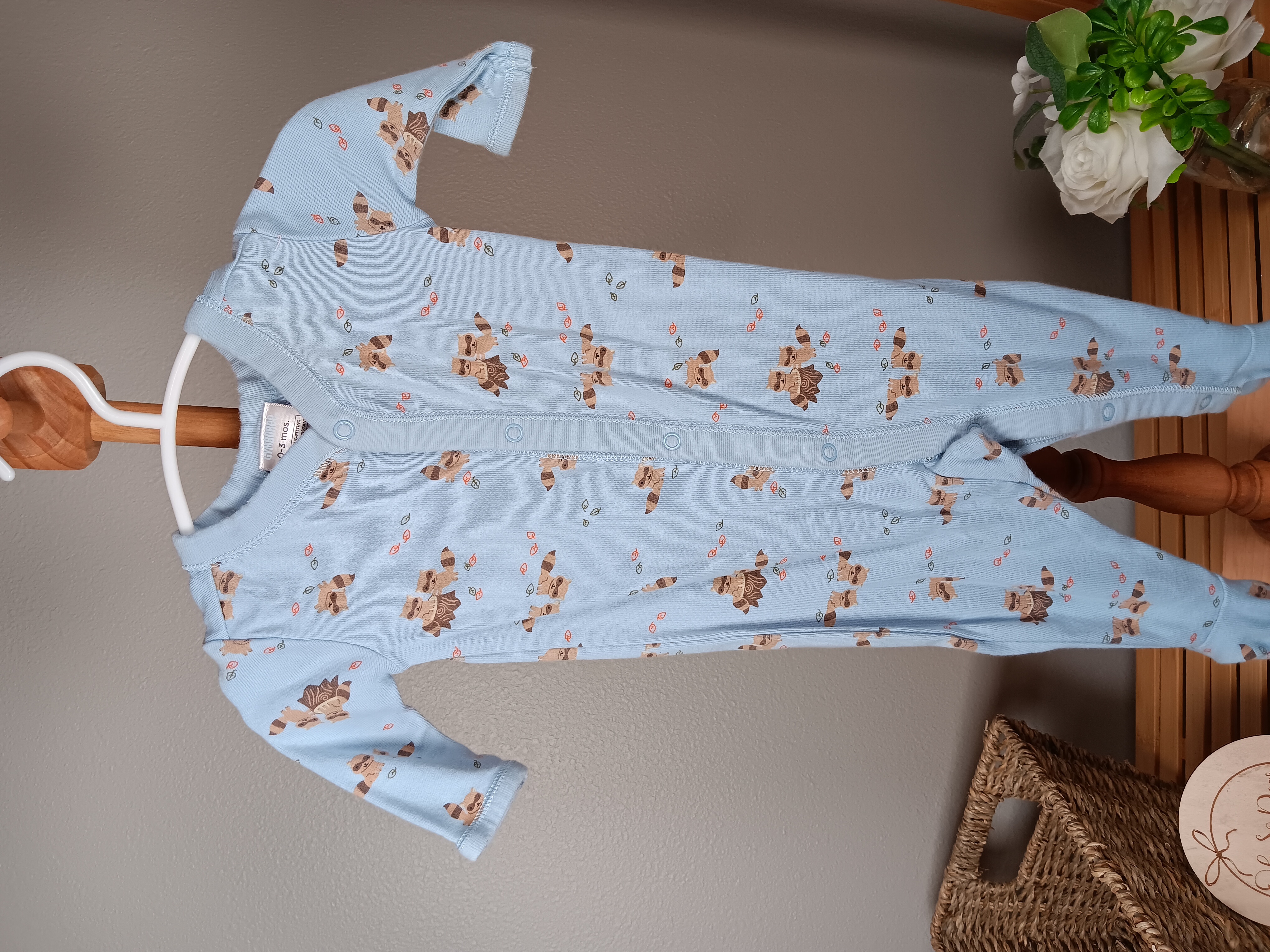0 to 3 months snug fit sleeper from Gymboree has Racoon print in GUC 