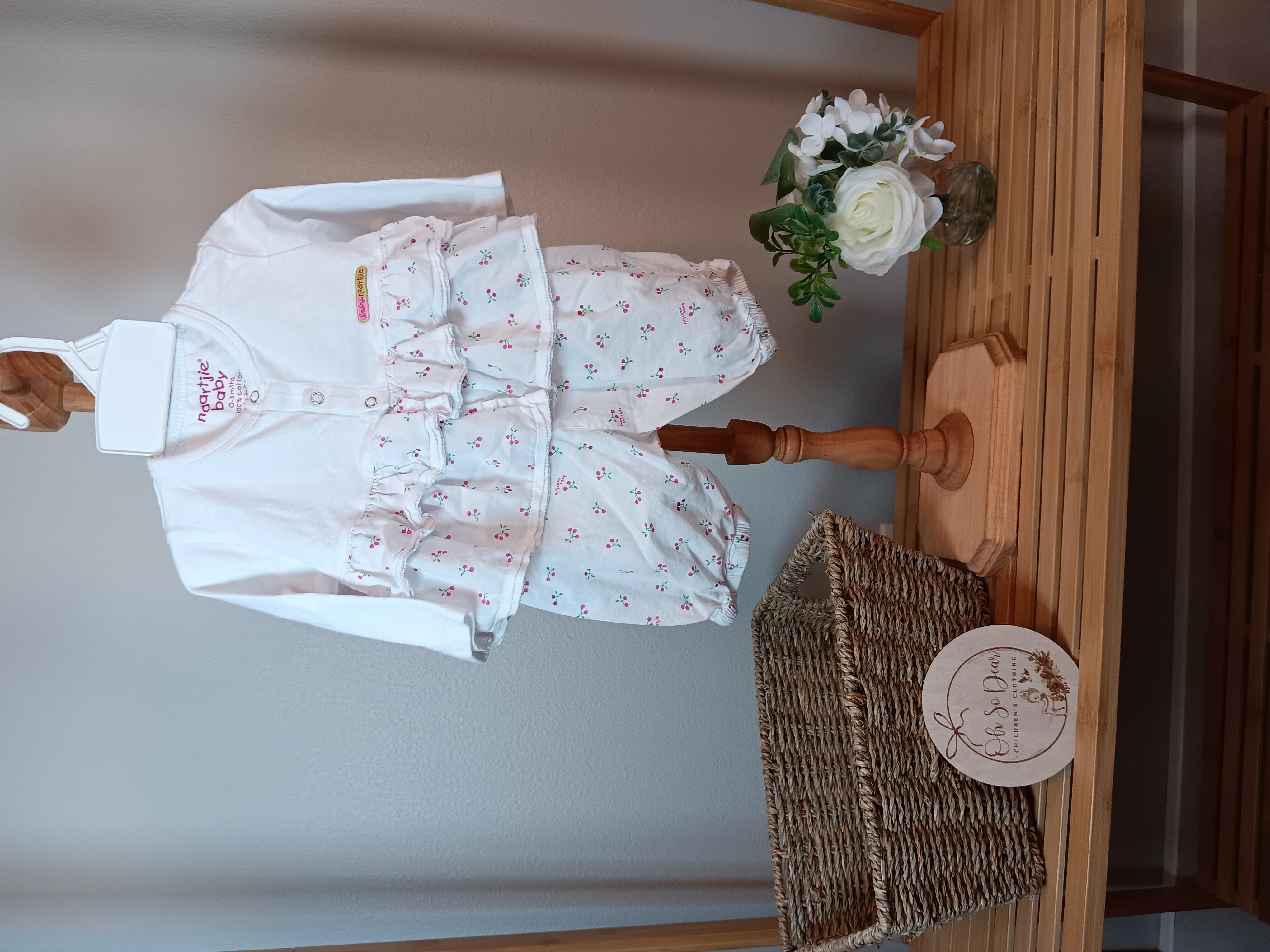 Naartjie Baby Jacket shirt with pants with cherries pattern on it. Sze 0 to 3 months