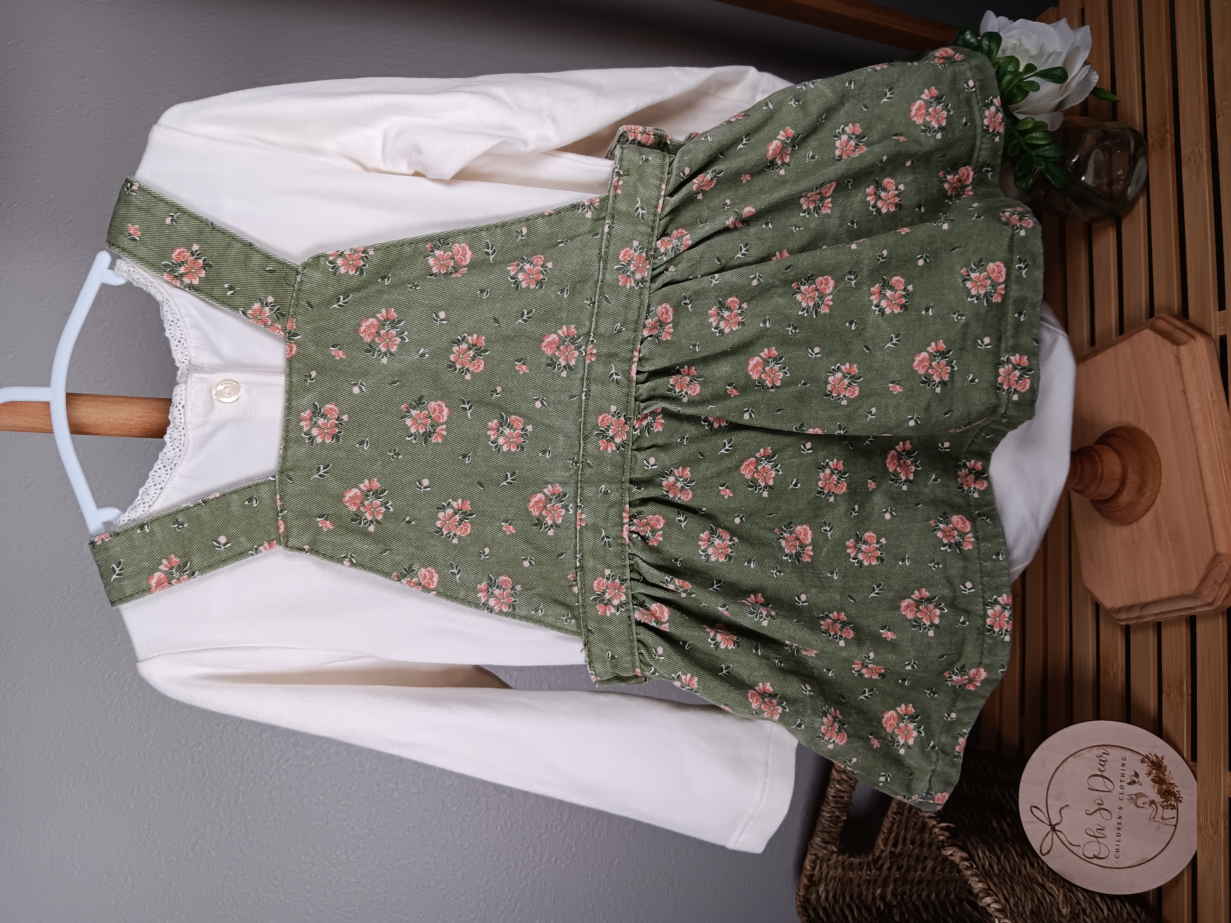 Green Floral Suspender Dress with off White Blouse size 24 months Shirt onesie by Faded Glory overall dress by Daisy Fuentes