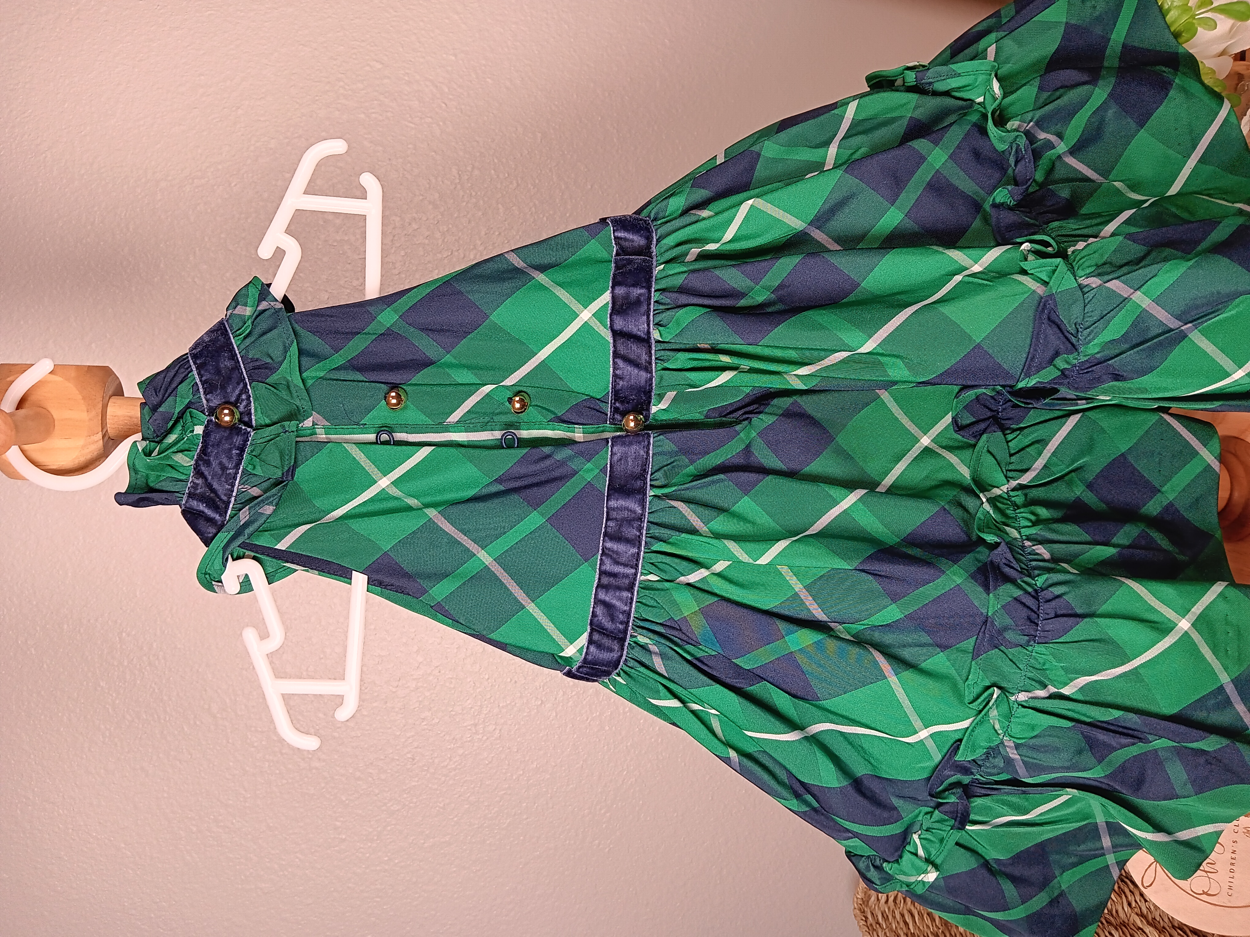 Green Plaid Ruffle Dress Charming sleeveless Party dress with navy and green check pattern by Janie and Jack size 6 to 12 months