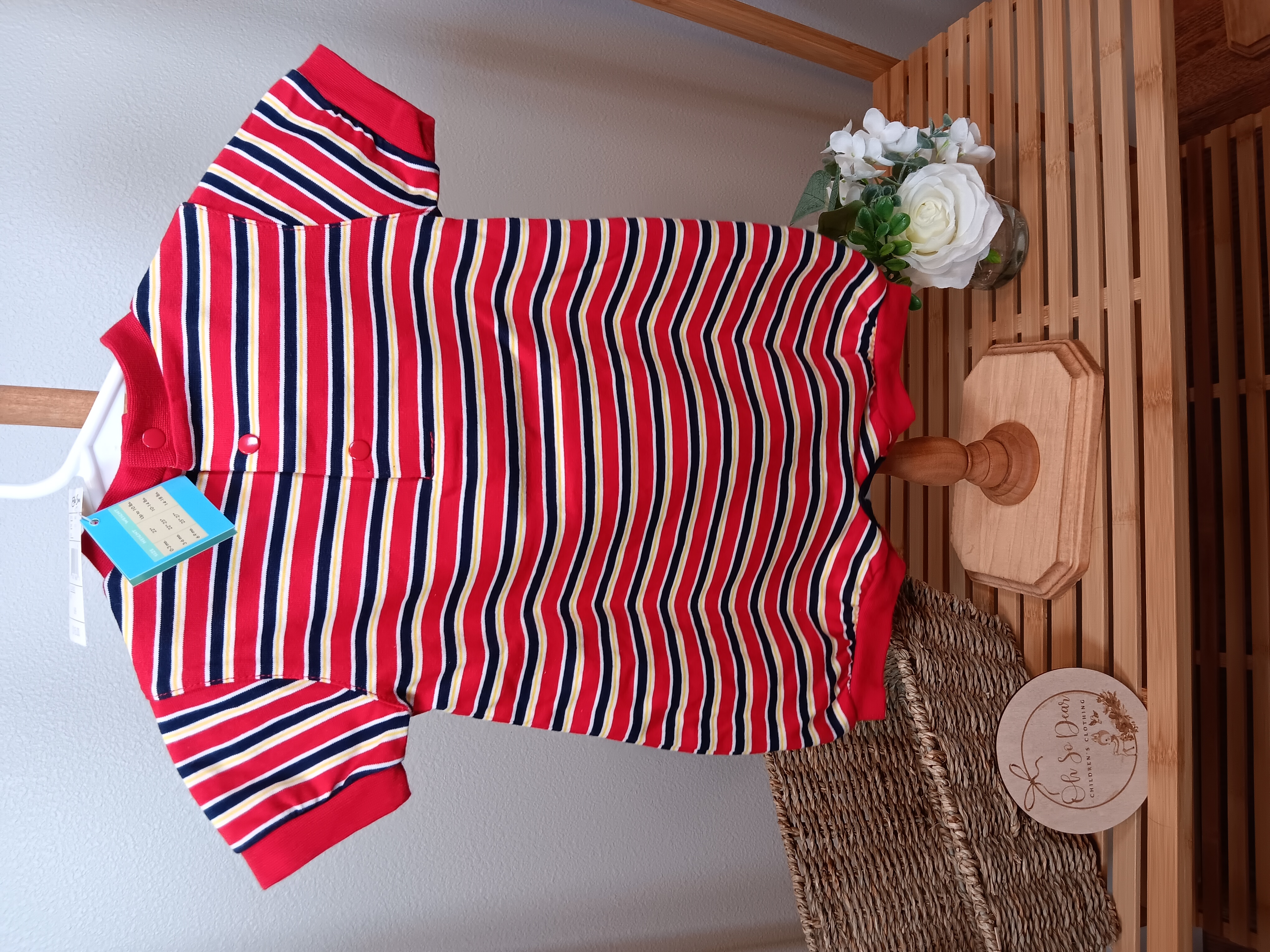 Striped Baby Romper with animals on chest size 6 to 9 months by CC Baby