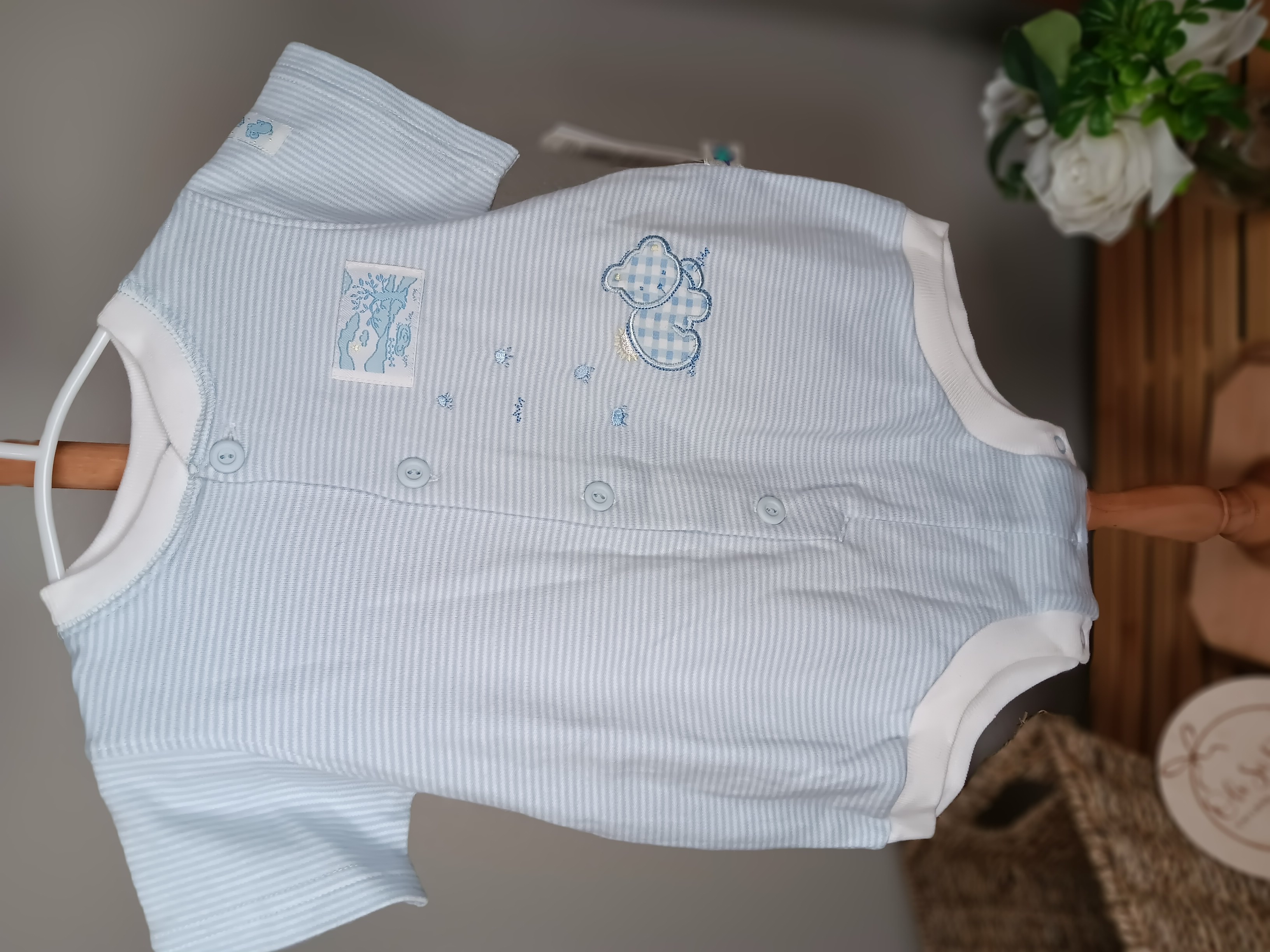 Baby Blue Striped Romper Soft cotton one-piece with cute bear design by Little Me size 6 months NWT