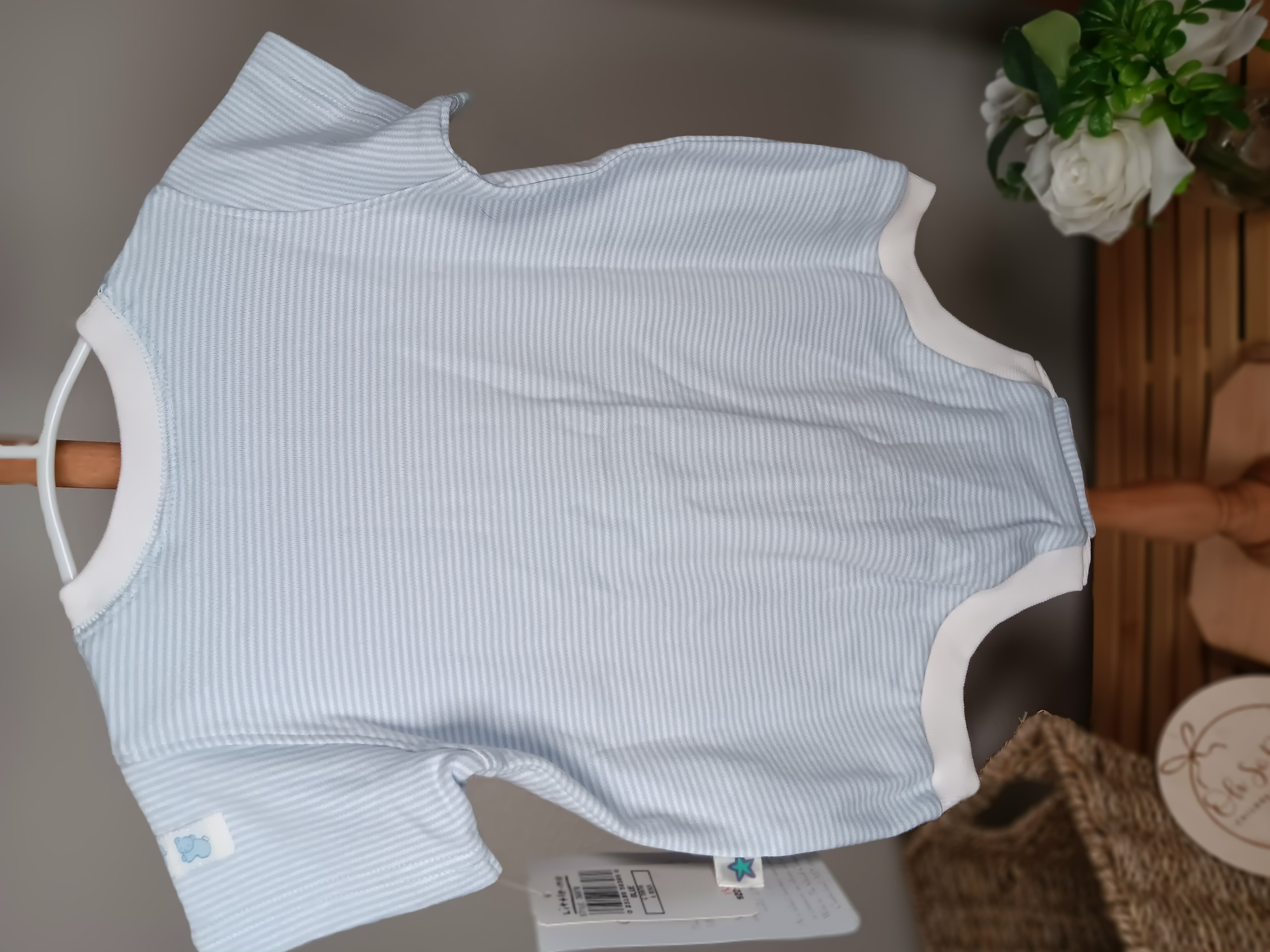 Baby Blue Striped Romper Soft cotton one-piece with cute bear design by Little Me size 6 months NWT