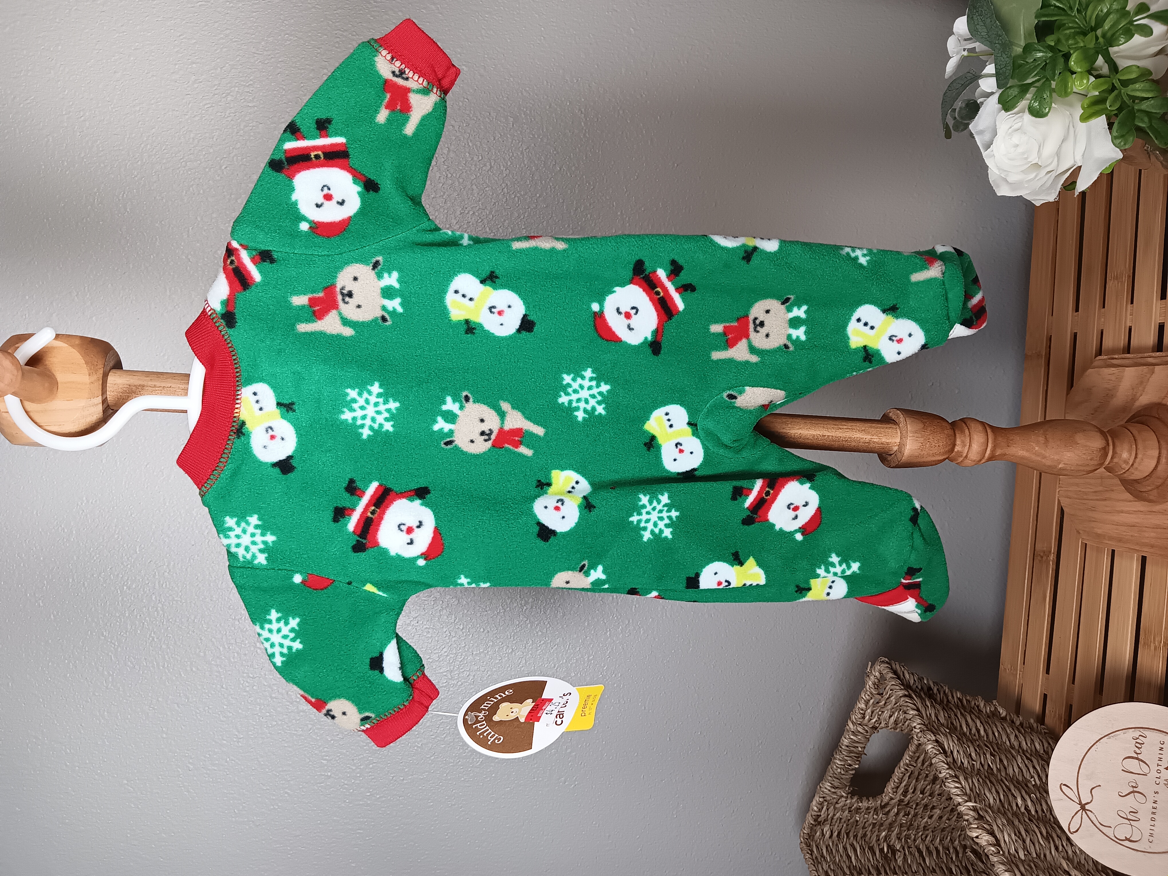 Holiday Baby Onesie Pajamas Festive green Fleece sleeper with Christmas characters size Preemie NWT