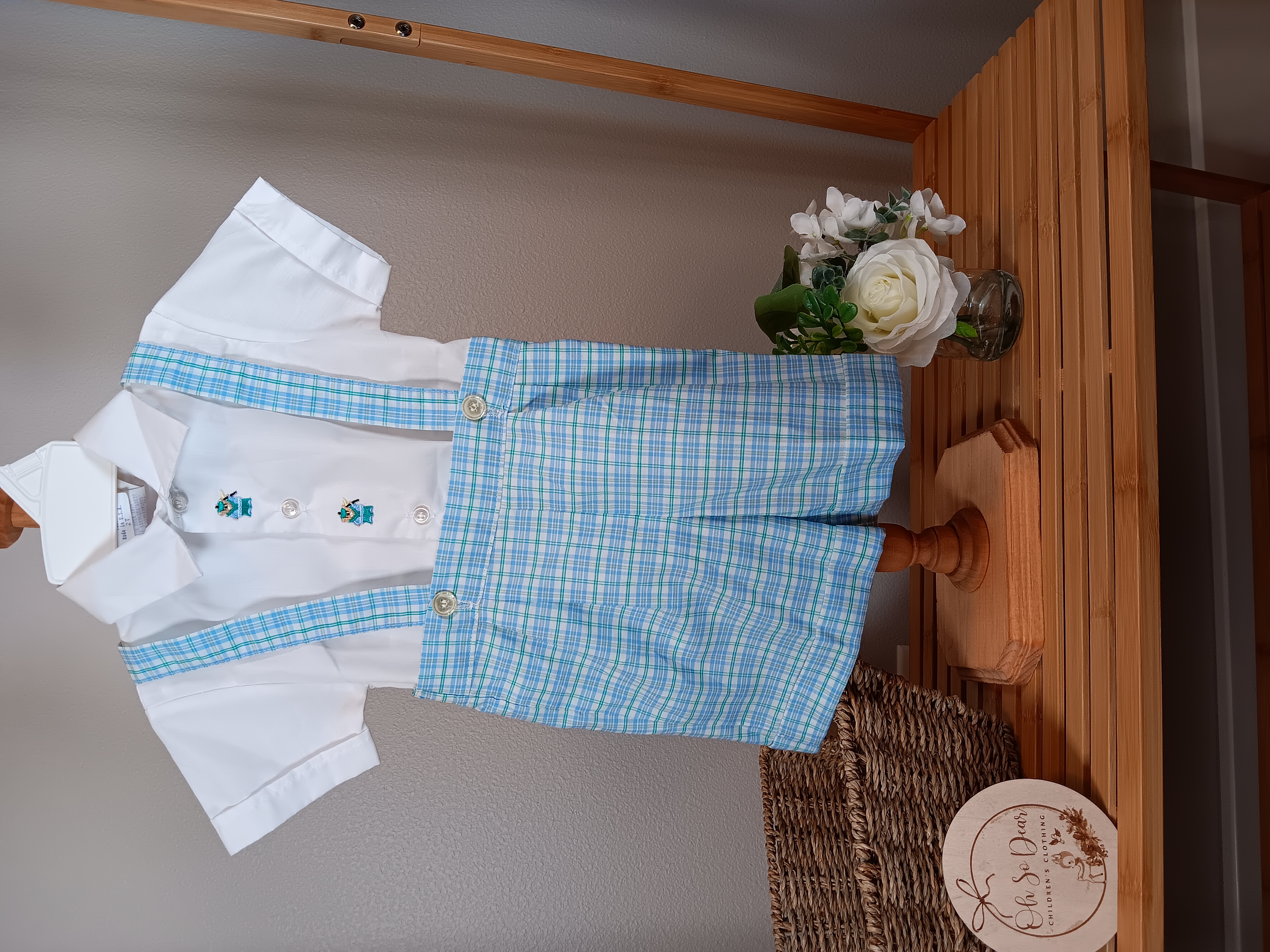 Vintage Winnie the Pooh brand Cotton 2 piece set golf bears and plaid short pants romper size 2T