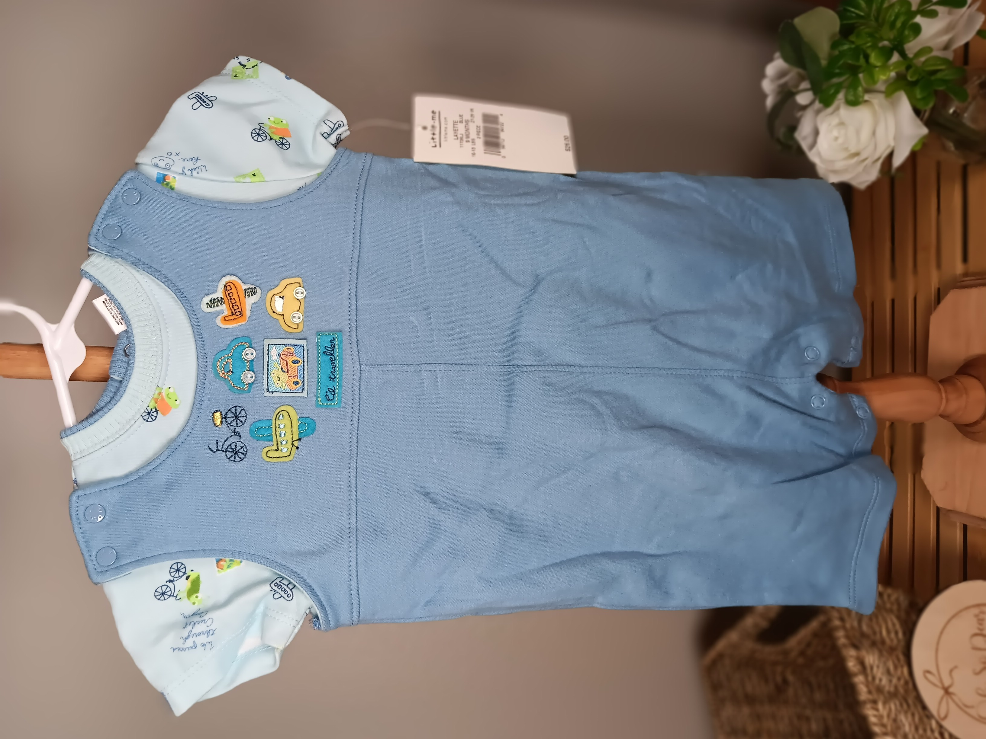 Baby blue romper Adorable infant jumpsuit with playful prints NWT size 9 months from Little Me brand