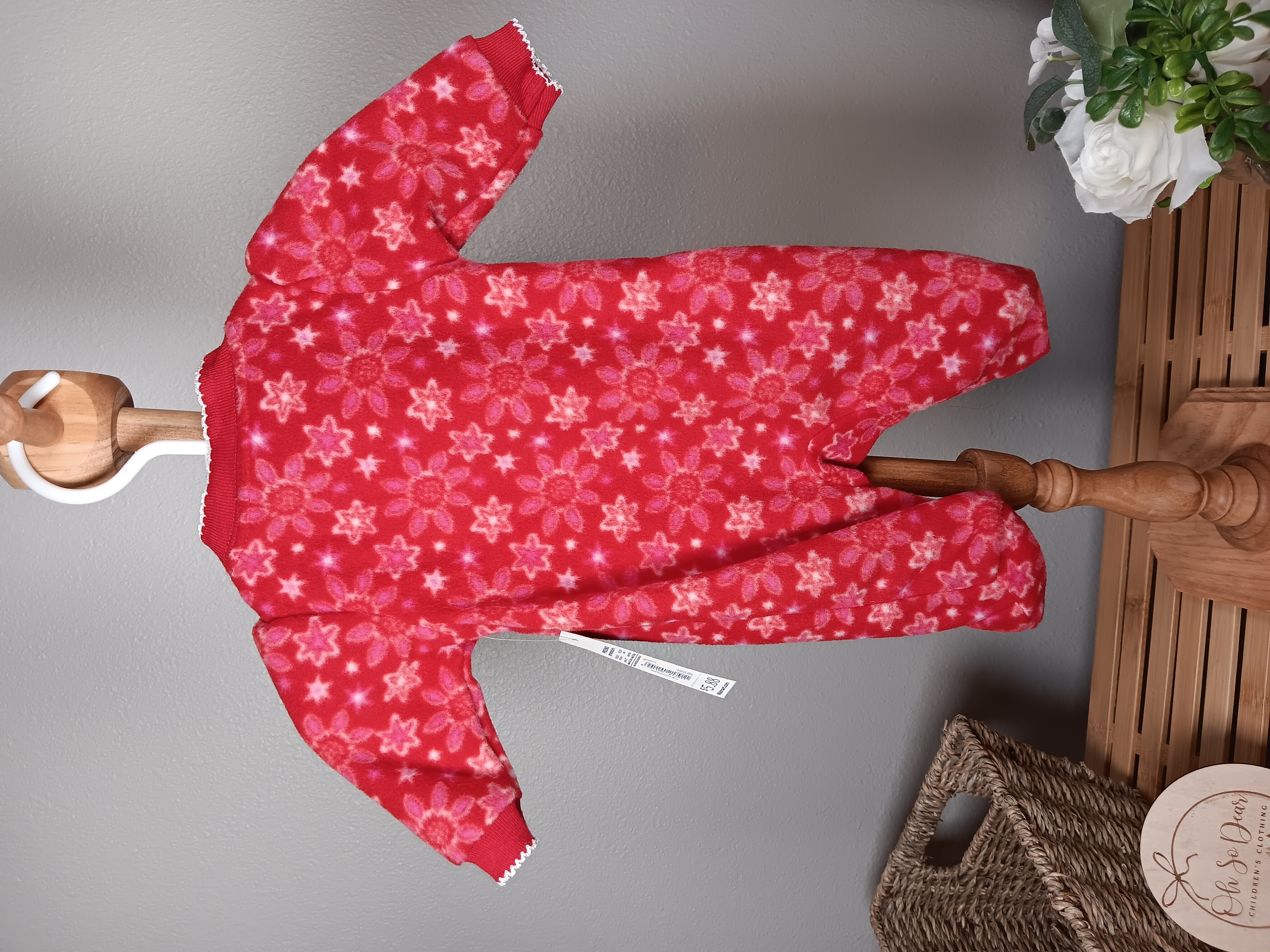 Red Poinsettia floral baby onesie fleece sleep and play size Preemie by Faded Glory