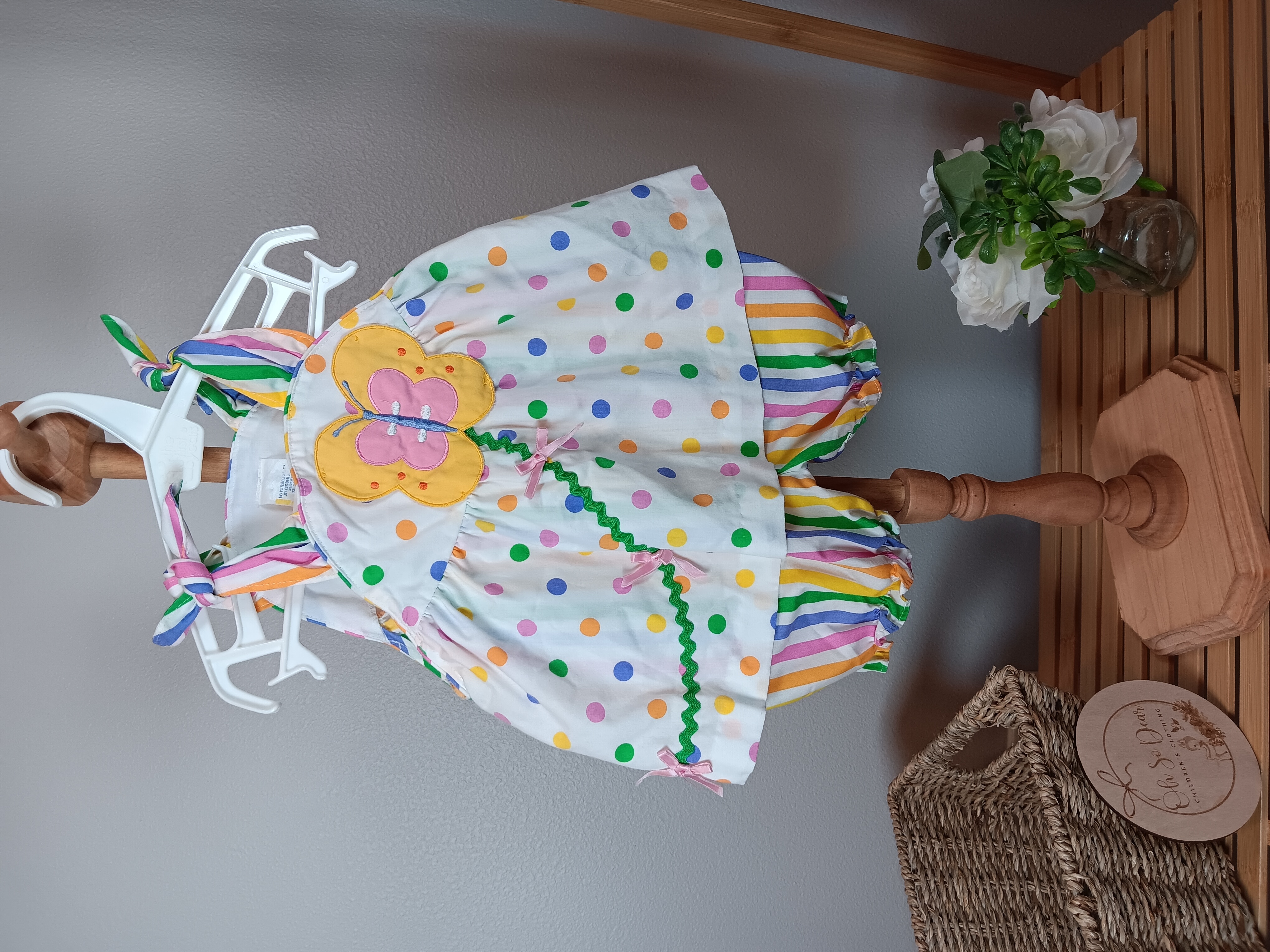 Colorful Polka Dot Baby Romper Adorable spring outfit with butterfly applique  guessing 6 to 12 months