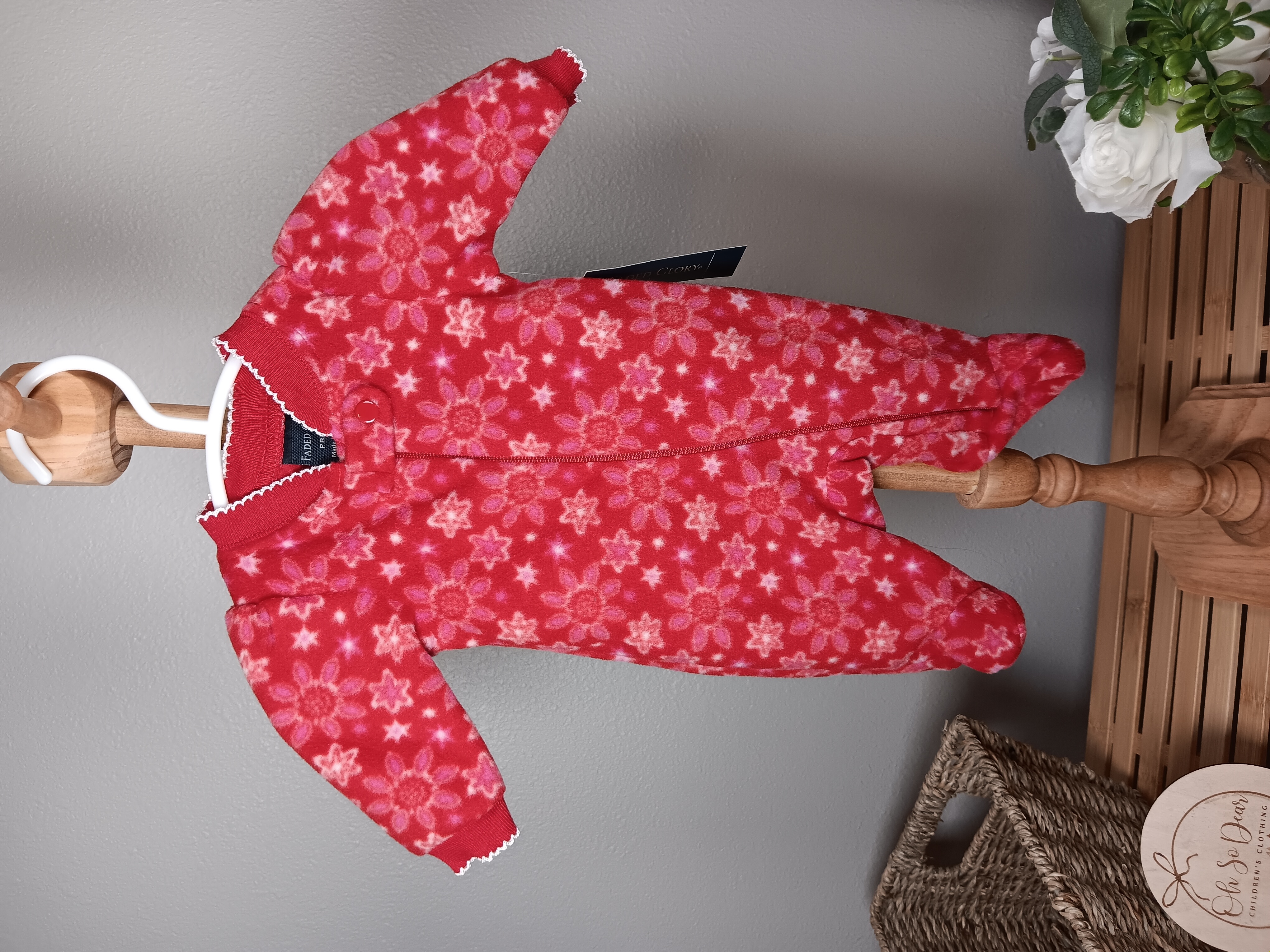 Red Poinsettia floral baby onesie fleece sleep and play size Preemie by Faded Glory
