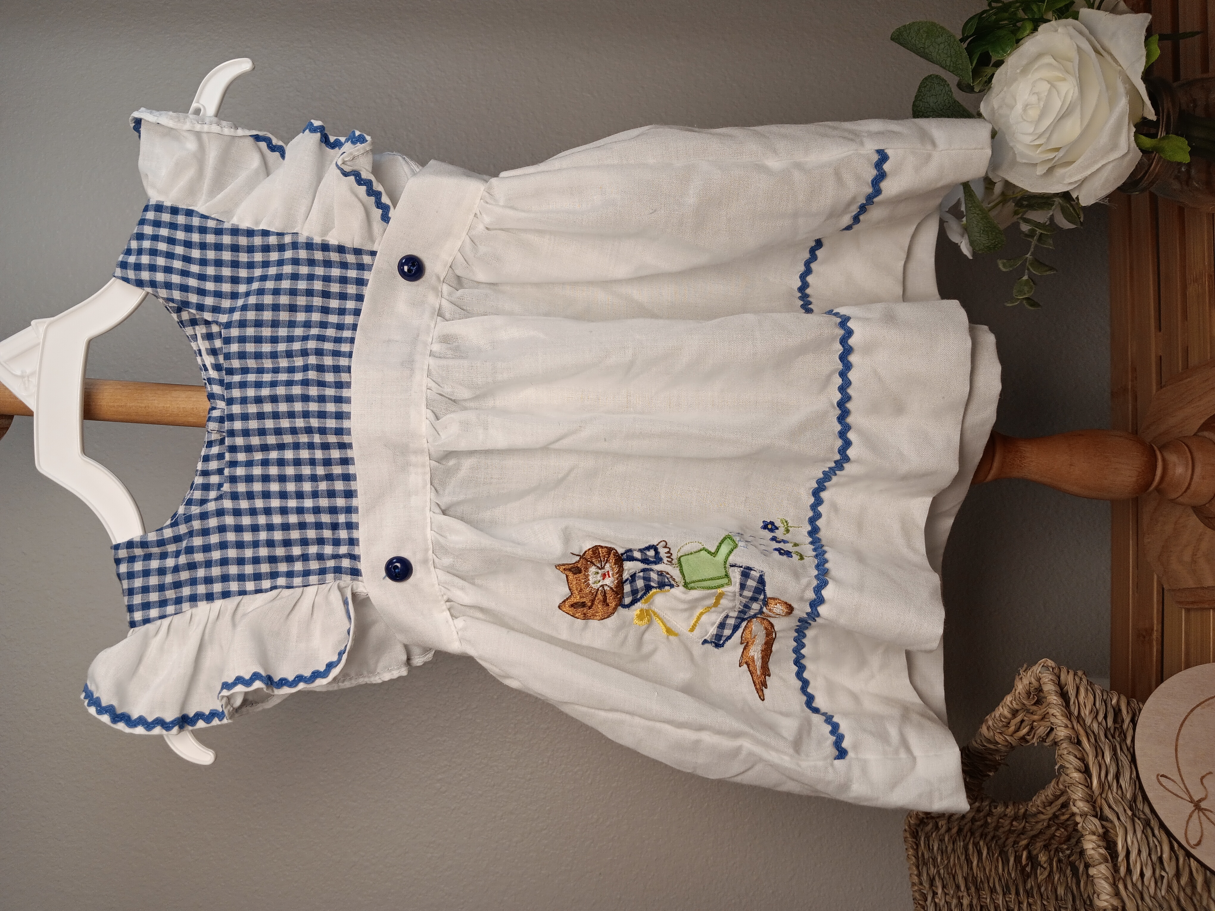 Vintage Girl’s Pinafore for a Dress, White pinafore with blue checkered bodice and cat embroidery probably 12 to 24 months