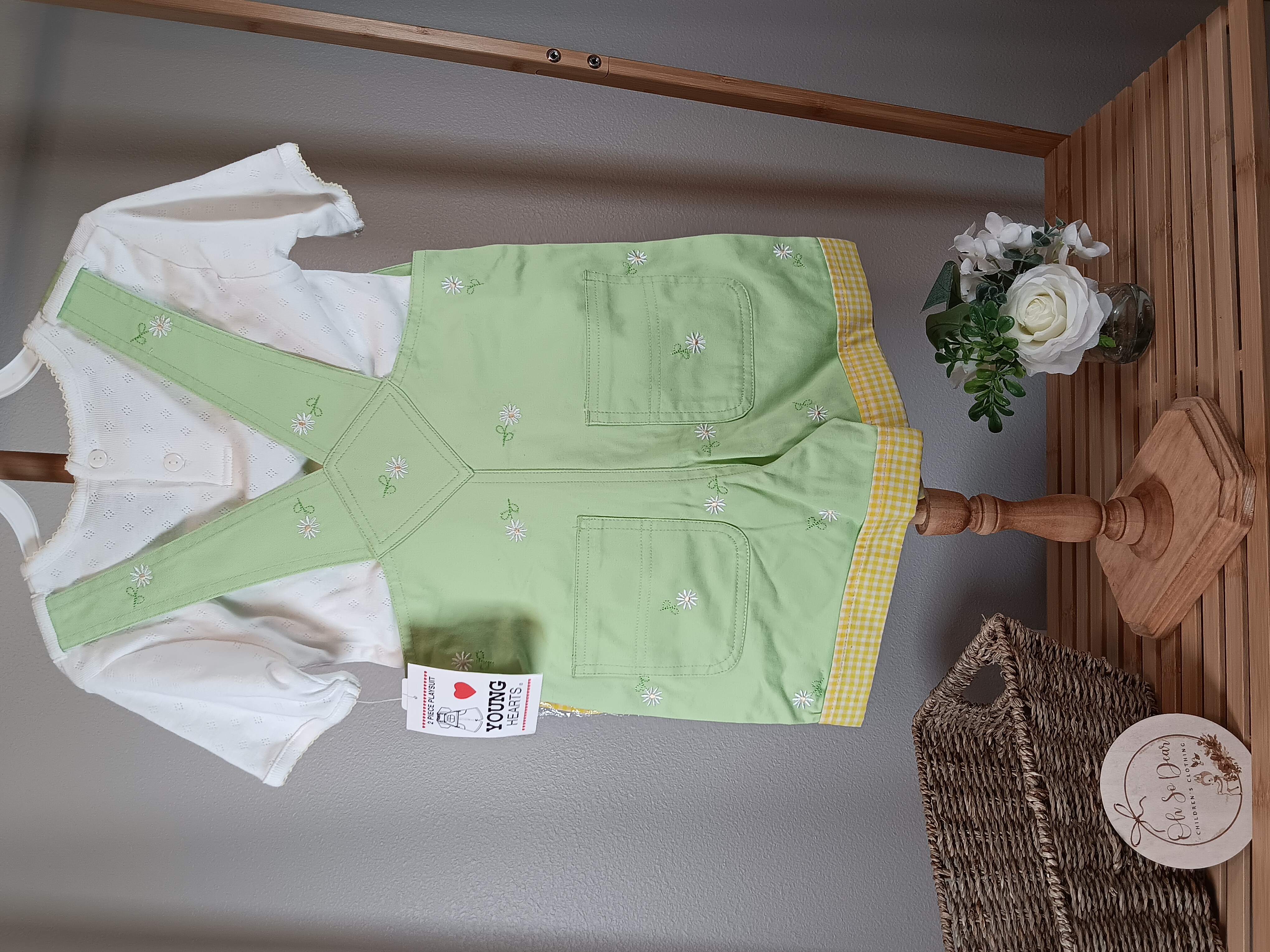 Green Embroidered Overall Dress Set "Flawed" little spot on shirt size 4 NWT by Young Hearts has Headband also