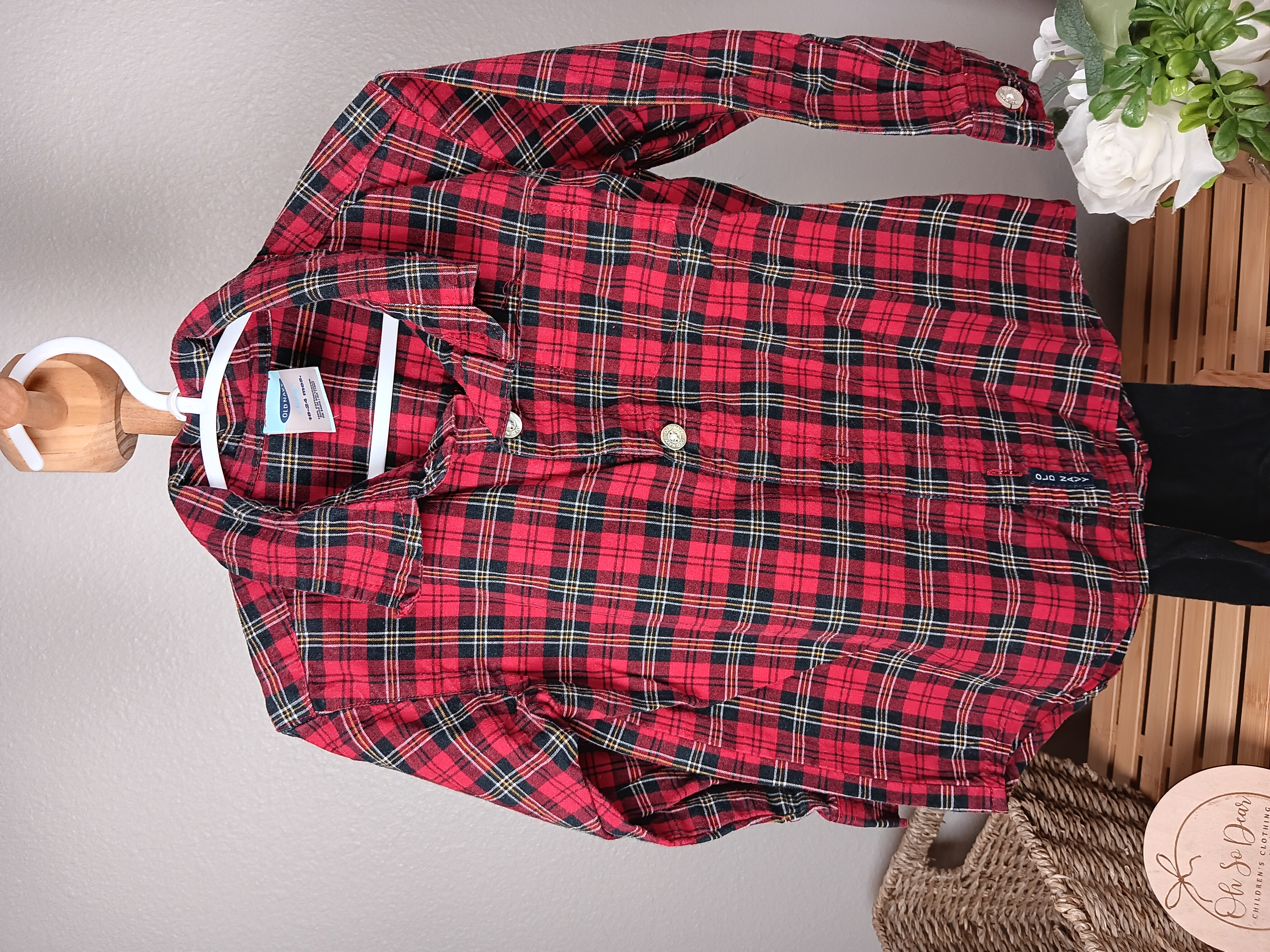 Red Plaid Button-Up Shirt 18 to 24 months by Old Navy with lightweight black jogger pants size 18 to 24 month also by Old Navy
