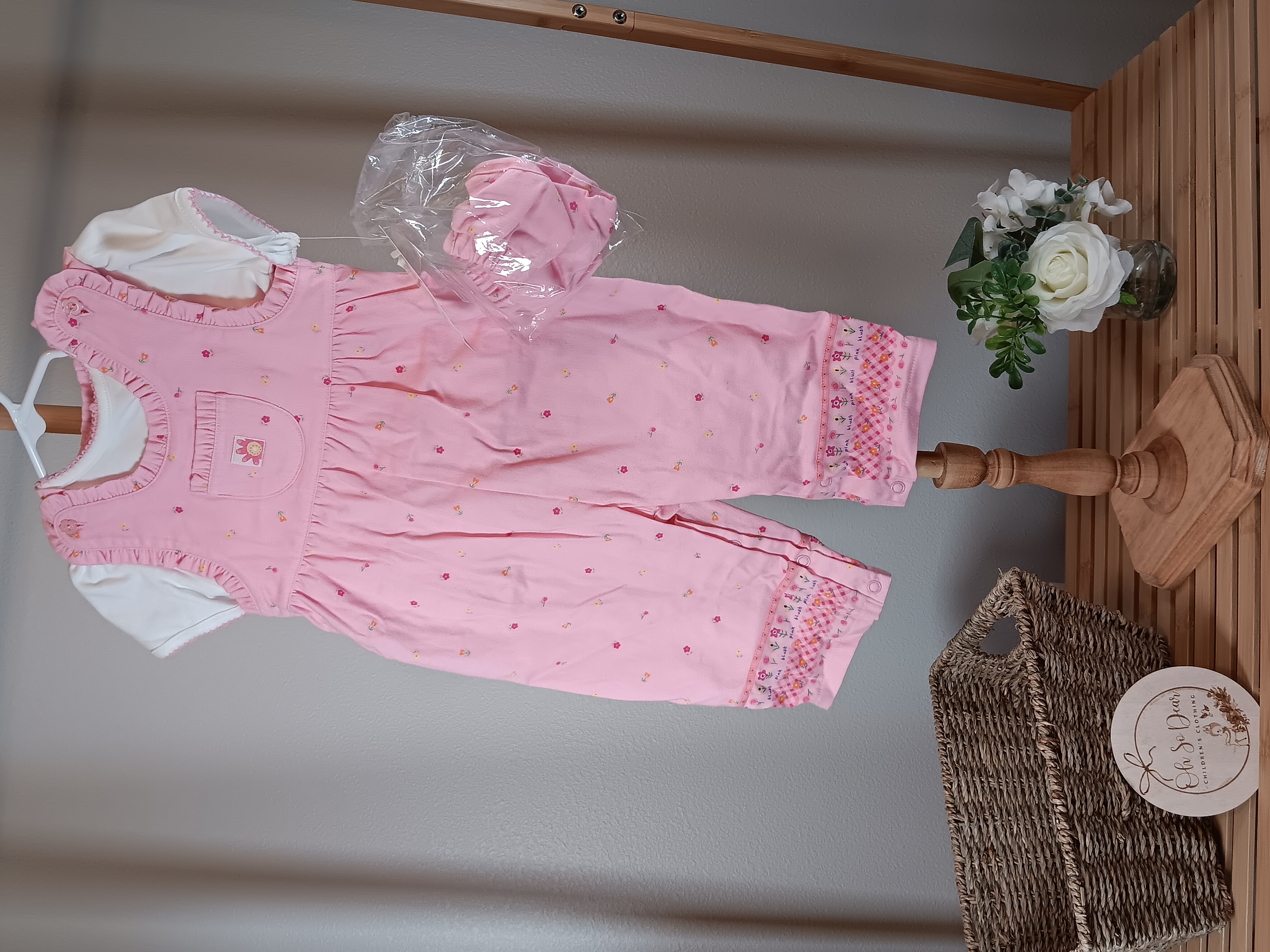 Baby Girl Pink Overall Set with Hat size 6 to 9 months from First Moments brand NWT