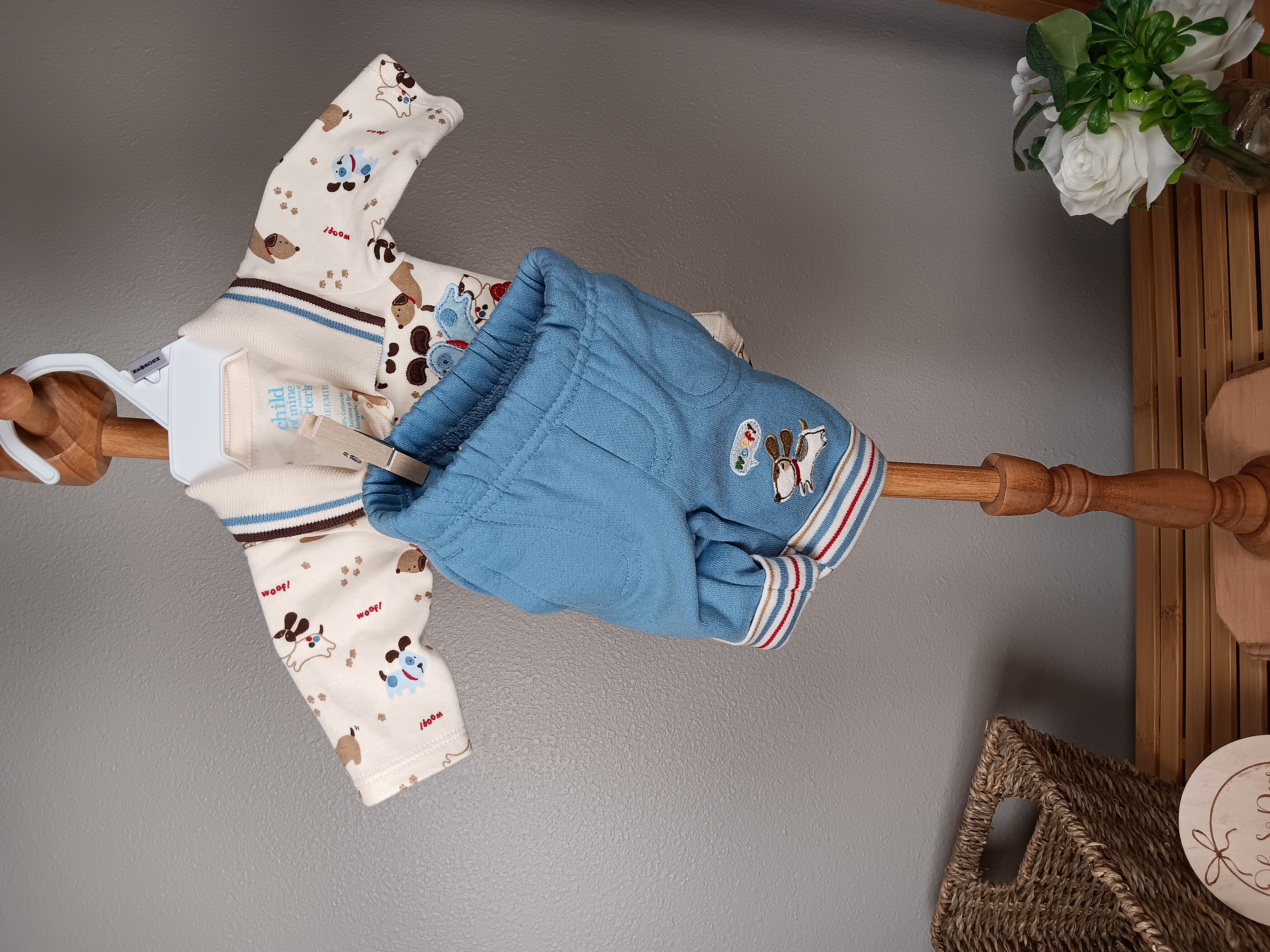 Preemie size 2 piece outfit with onesie and joggers from Child of mine by Carters with puppy theme