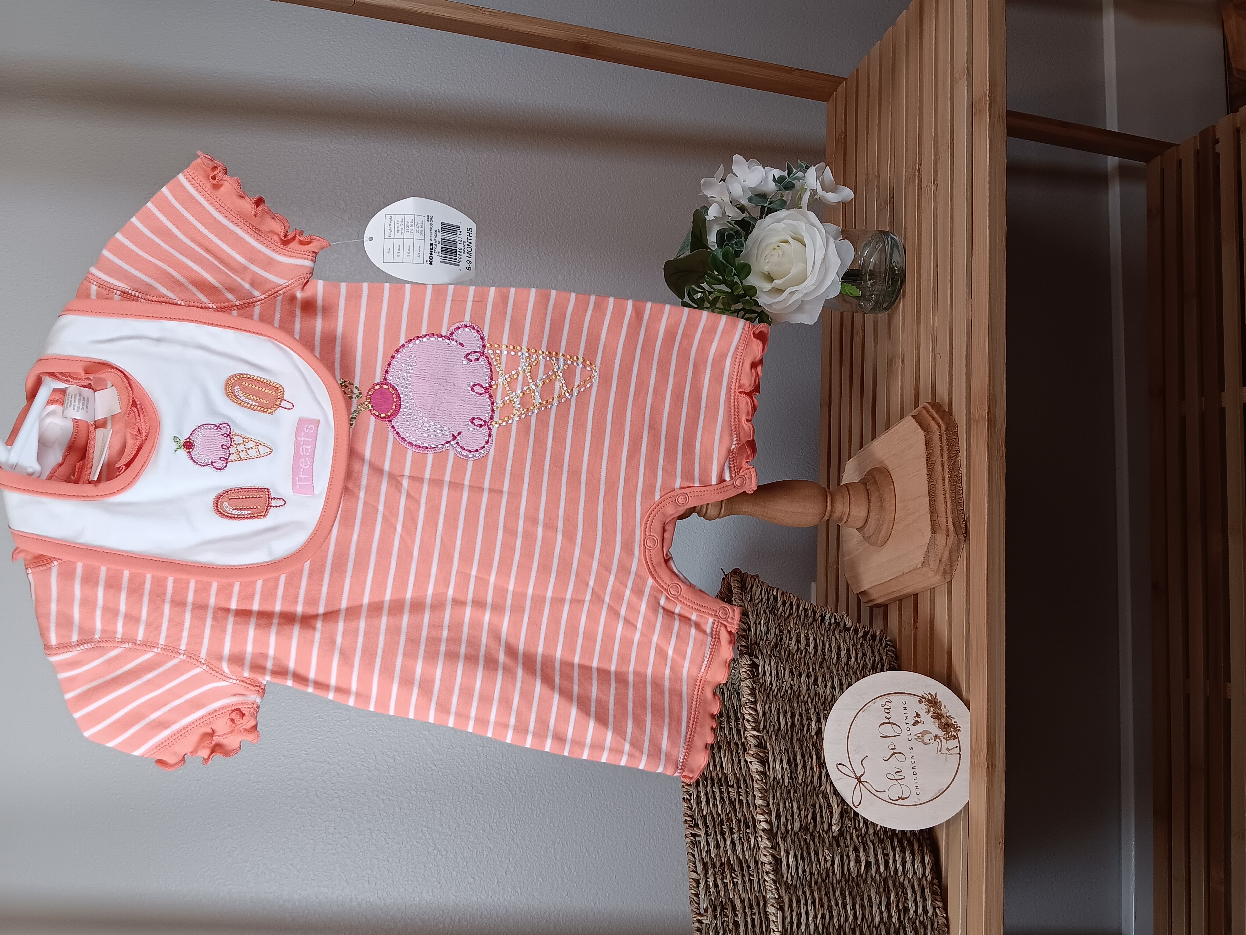 Baby Girl Ice Cream Romper Set with Bib from First Moments brand size 6 to 9 months NWT