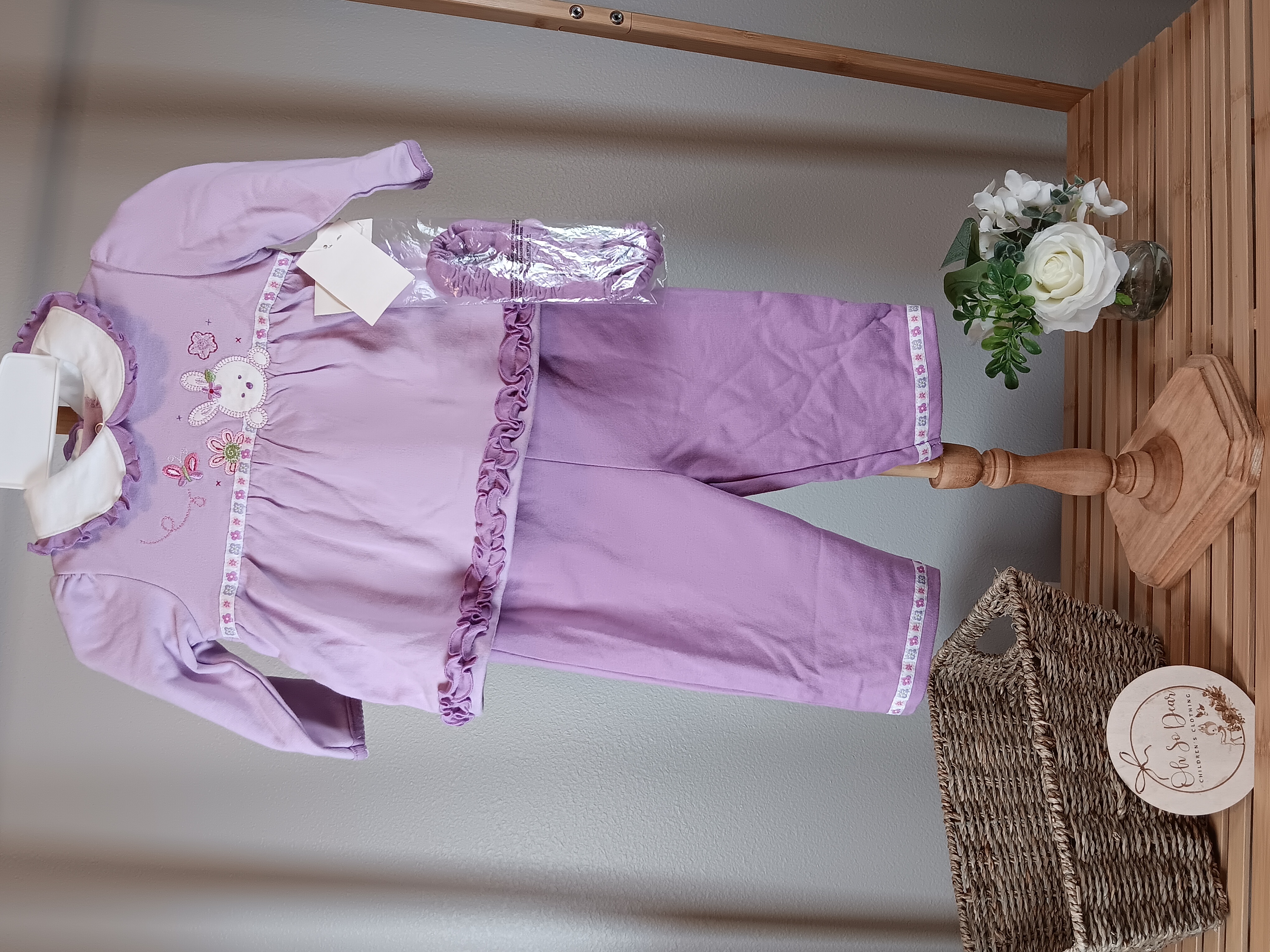 Lilac Bunny Toddler Outfit Adorable three-piece set for little girls size 6 to 9 months by Okie Dokie 