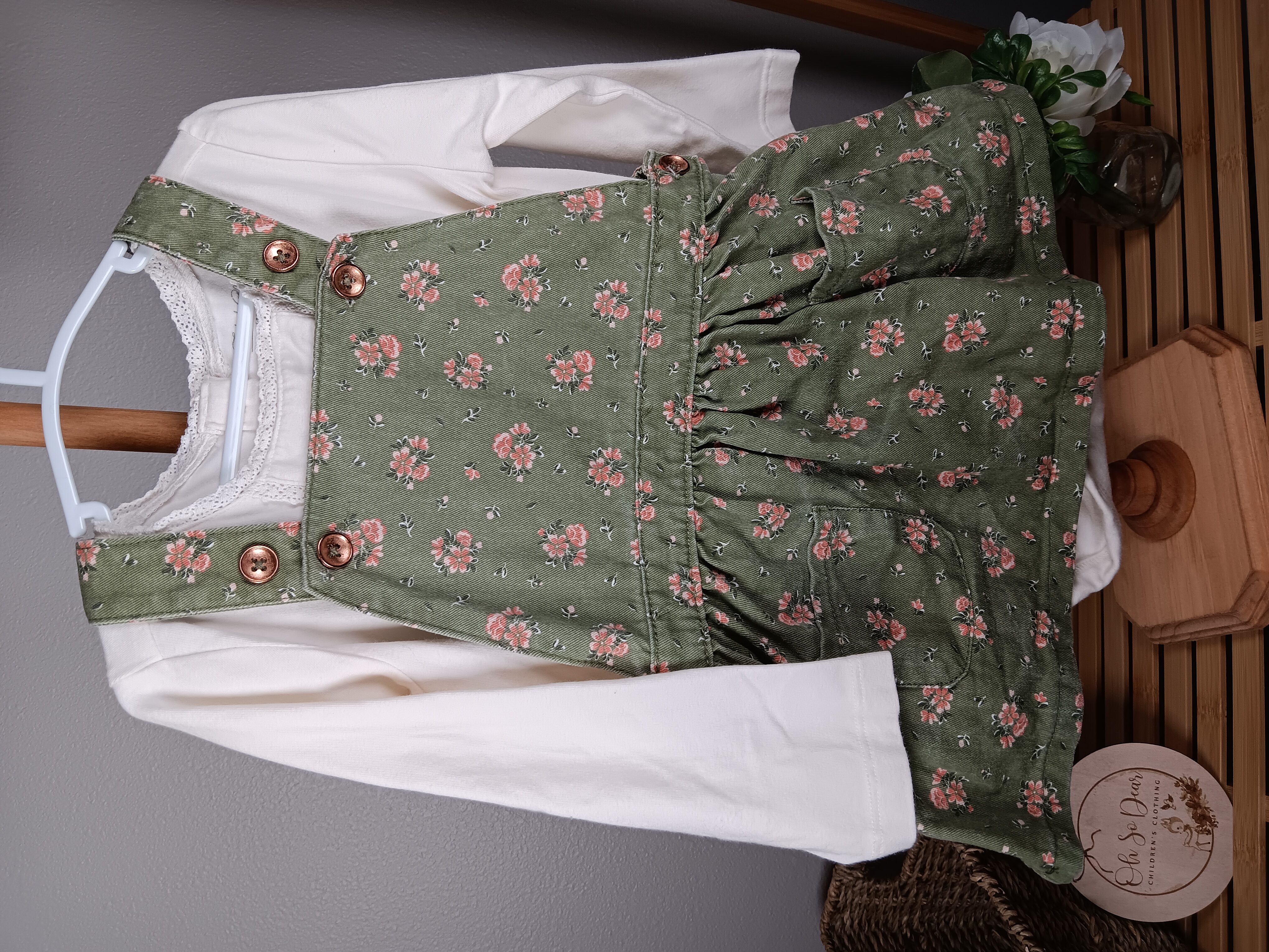 Green Floral Suspender Dress with off White Blouse size 24 months Shirt onesie by Faded Glory overall dress by Daisy Fuentes