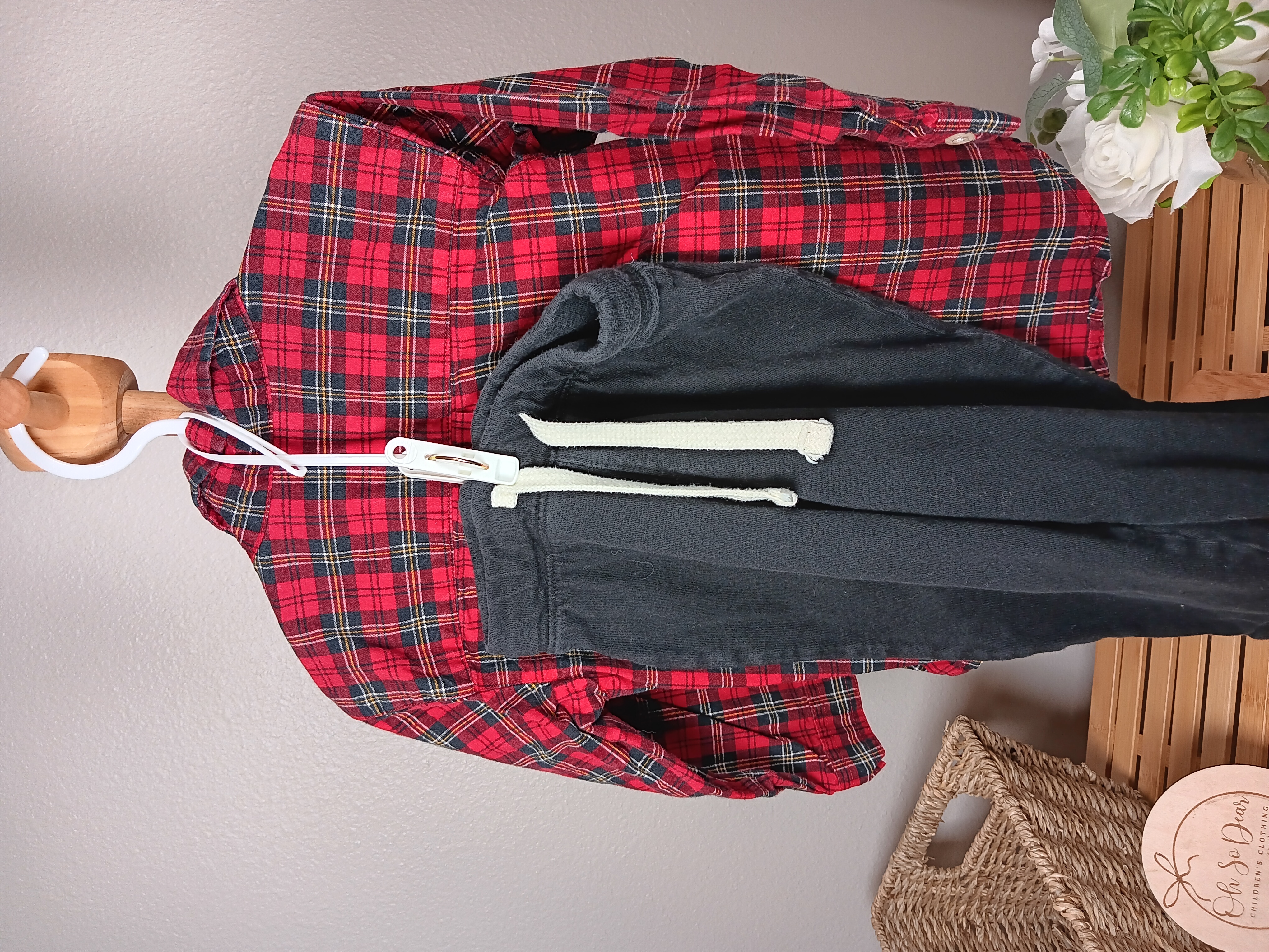 Red Plaid Button-Up Shirt 18 to 24 months by Old Navy with lightweight black jogger pants size 18 to 24 month also by Old Navy