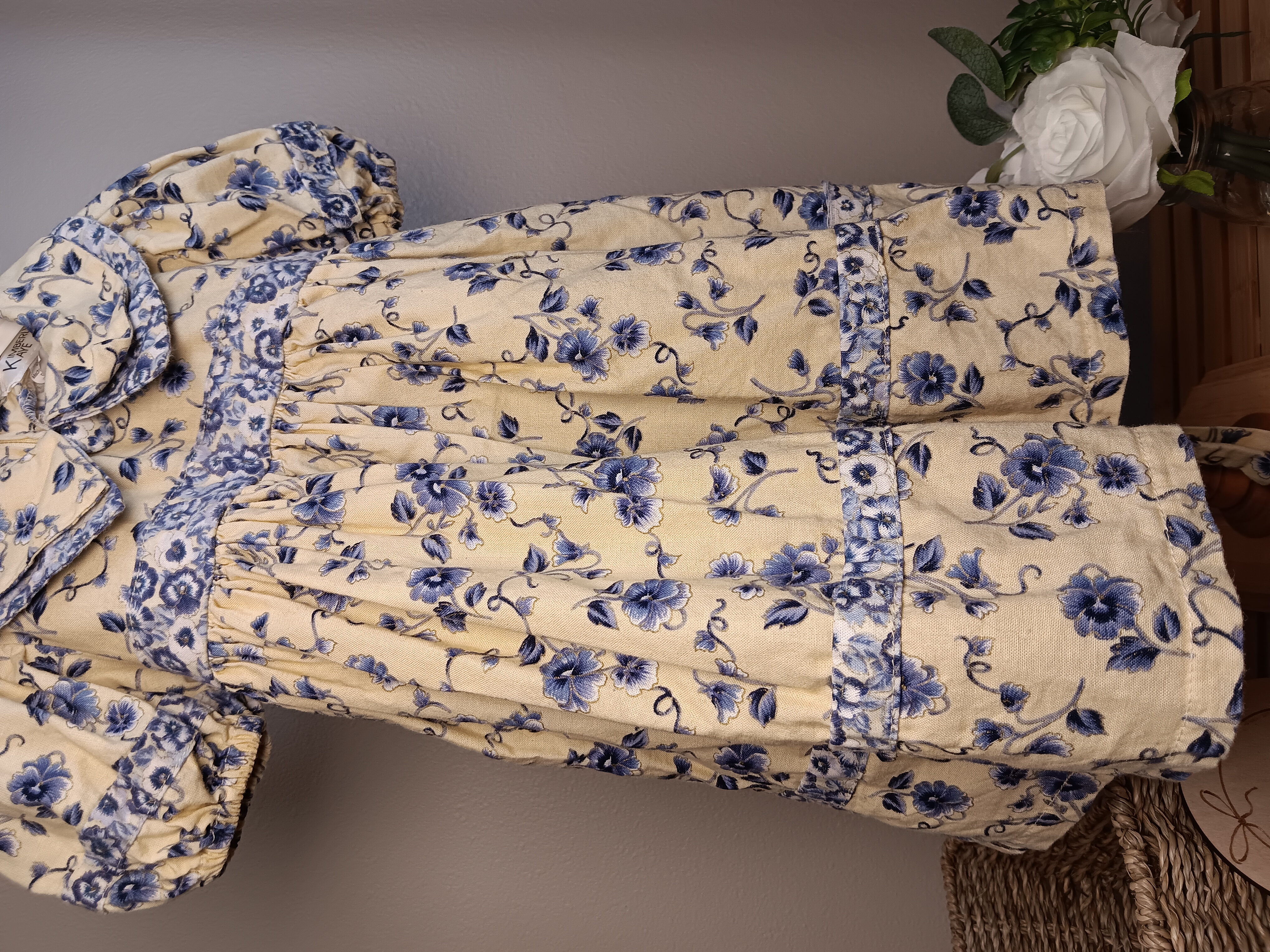 Cottagecore Vintage Floral Dress, Charming yellow and blue girls' dress with puff sleeves