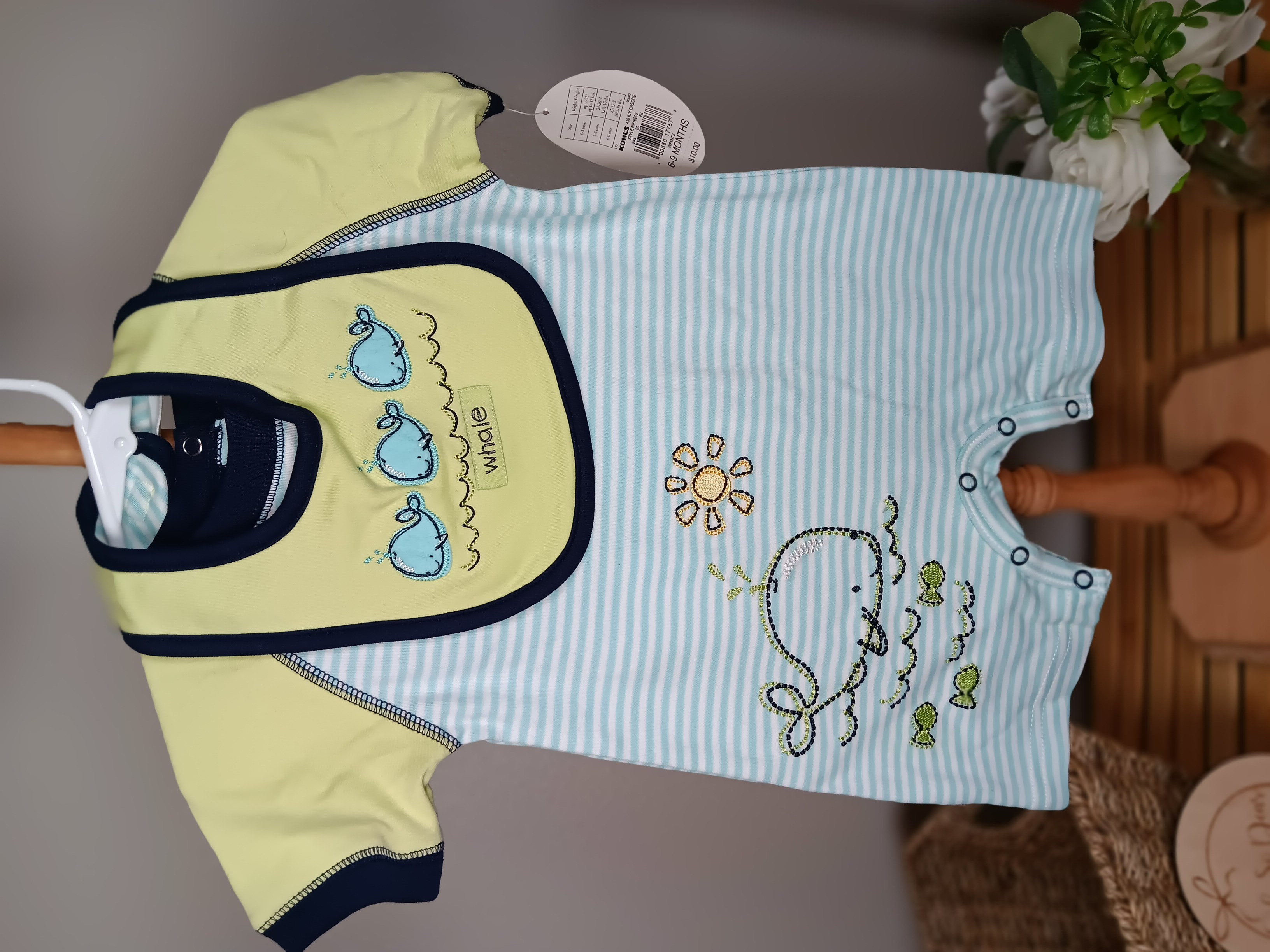 Baby Onesie Romper with Bib Adorable whale themed infant outfit by first moments size 6 to 9 months