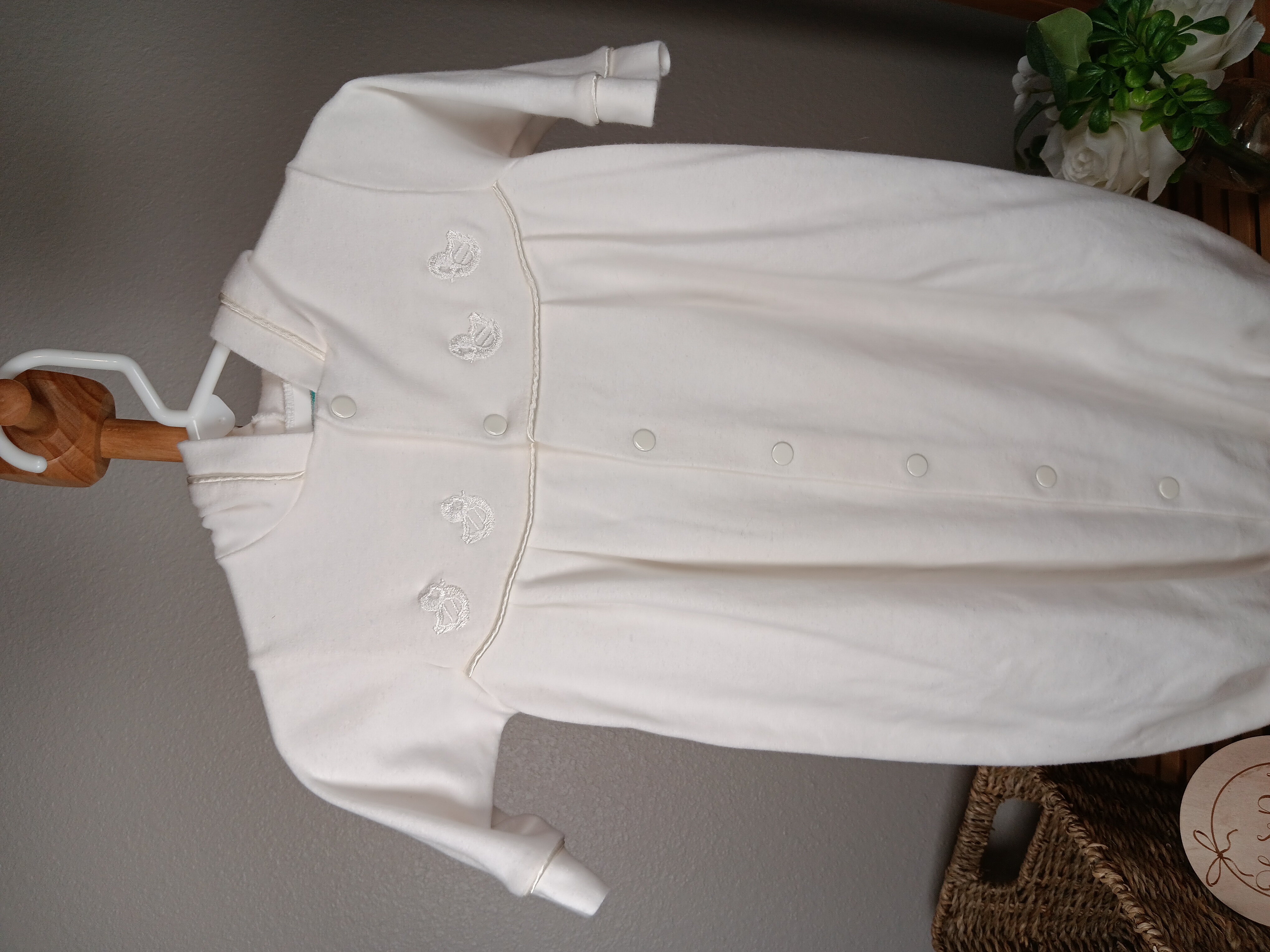 Infant Ivory Gown with duck embroidery on chest and hooded by Little Me size 0 to 3 months Soft and cozy baby sleepwear