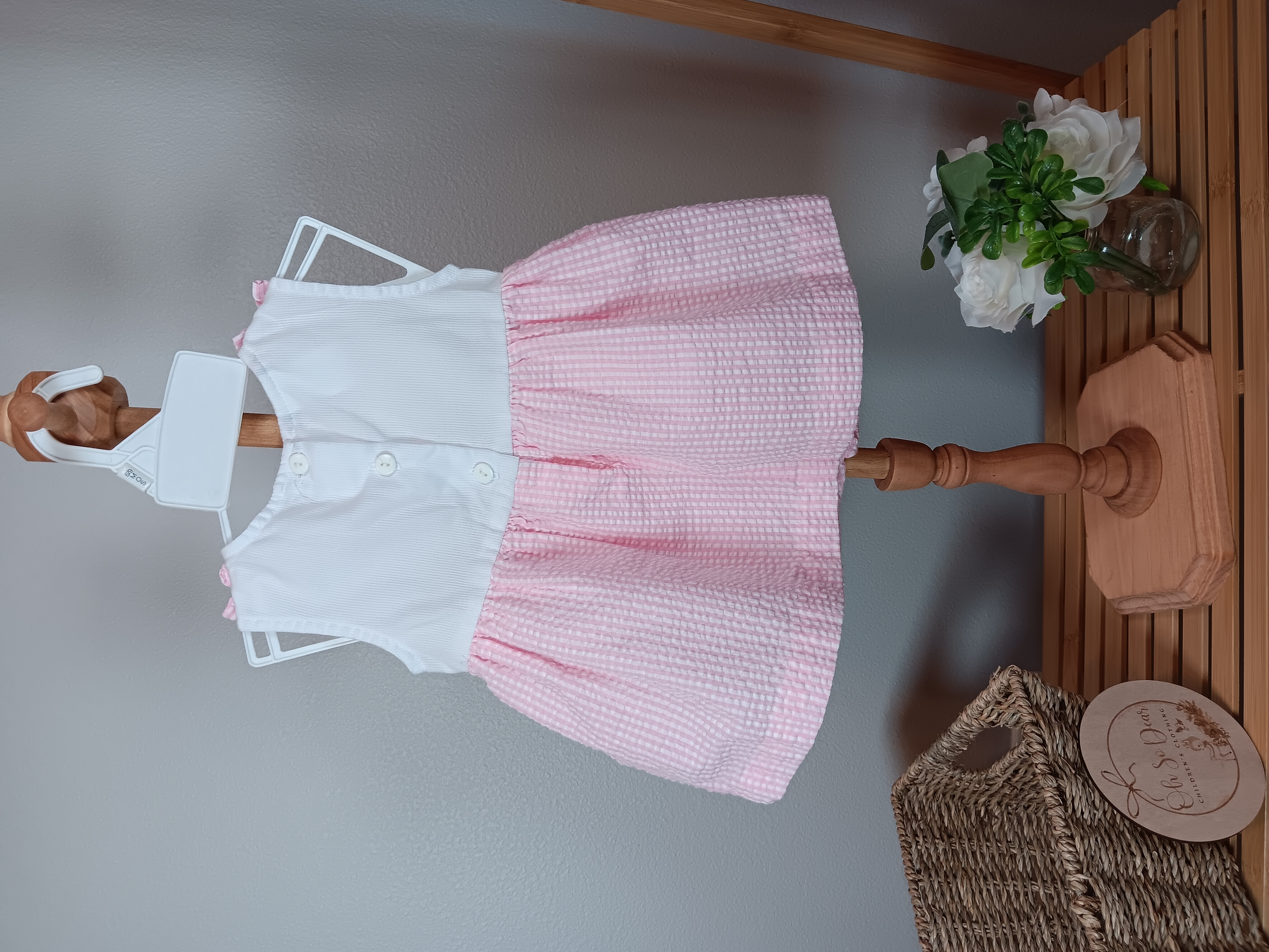 Baby Girl dress with bloomers size 6 to 9 months by Samara, Cherries watermelon and strawberries embroidered on chest seersucker fabric, Flawed