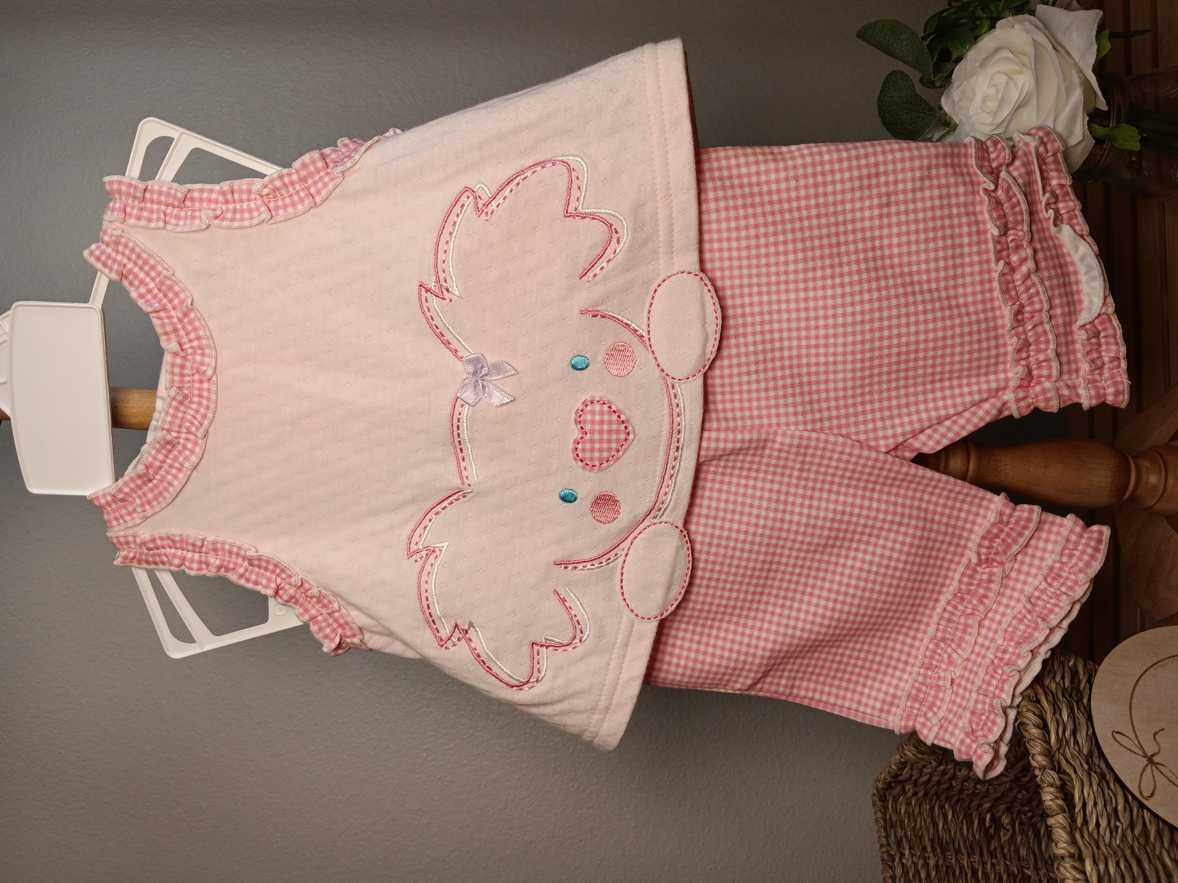 Girls' pink gingham outfit, adorable top and pants set with cute animal applique