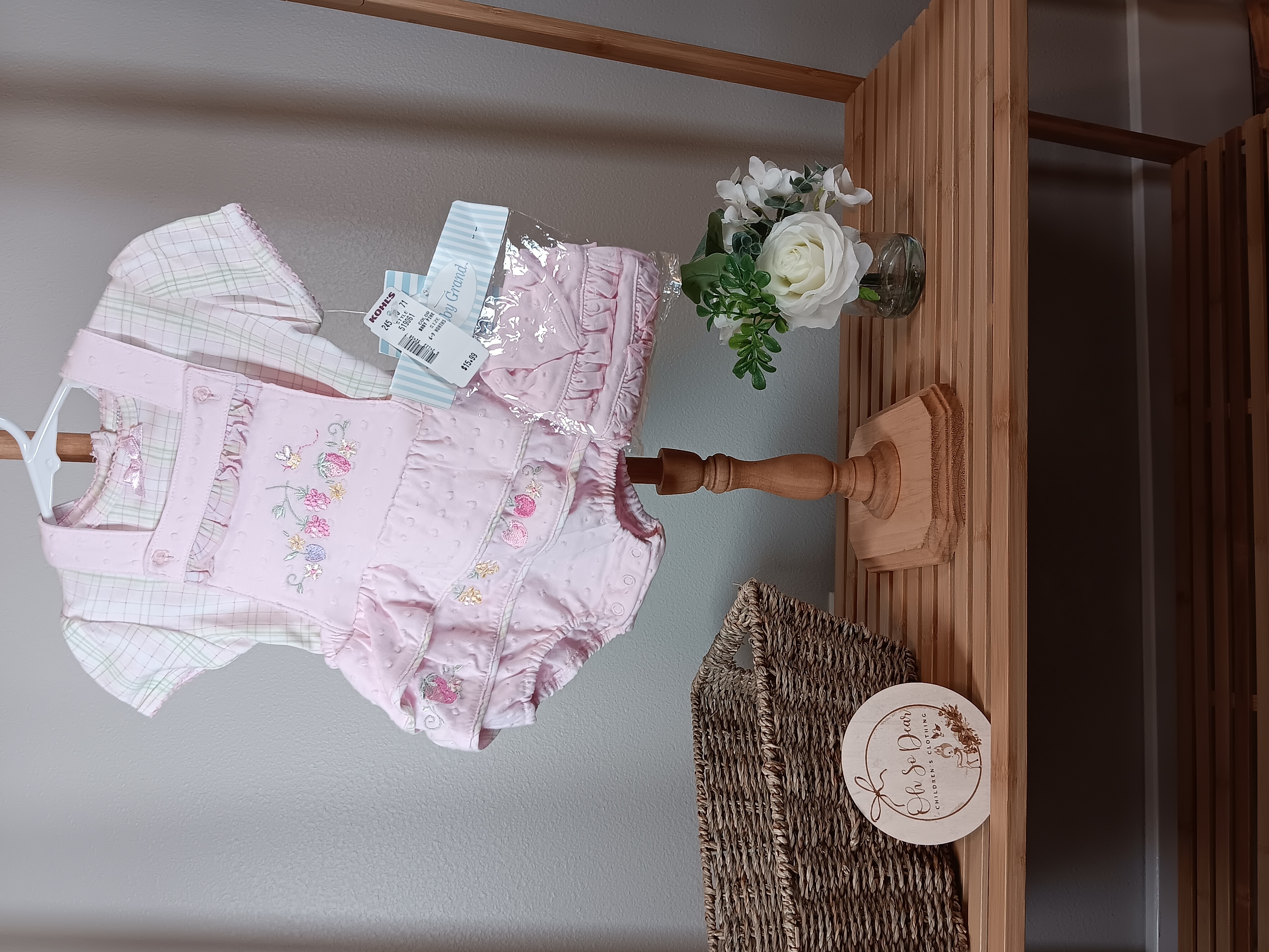  Adorable embroidered three-piece set for infants shirt, romper overalls and hat 6 to 9 months NWT