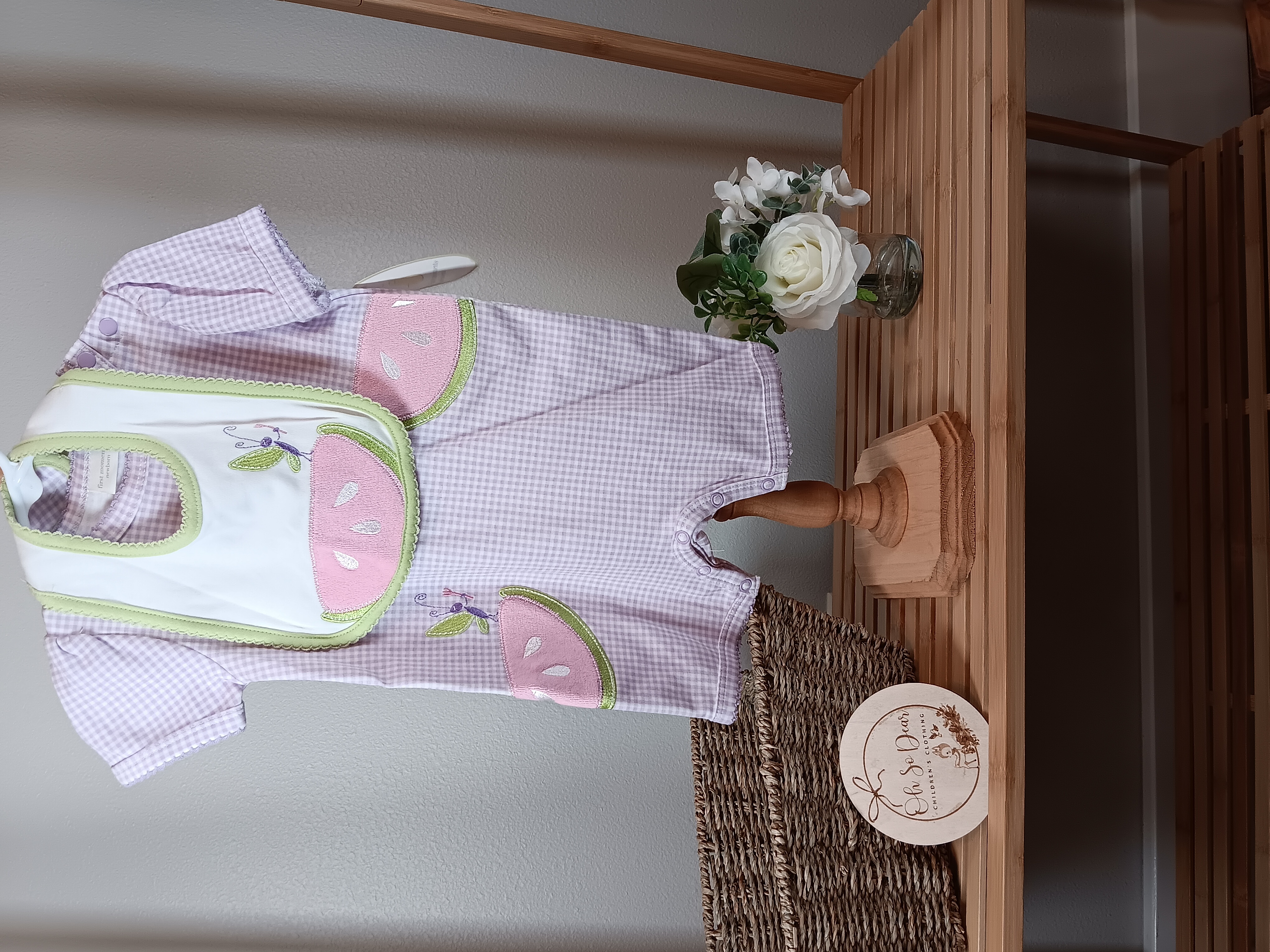 First Moments brand romper and bib set with watermelon and bug design 6 to 9 months NWT 