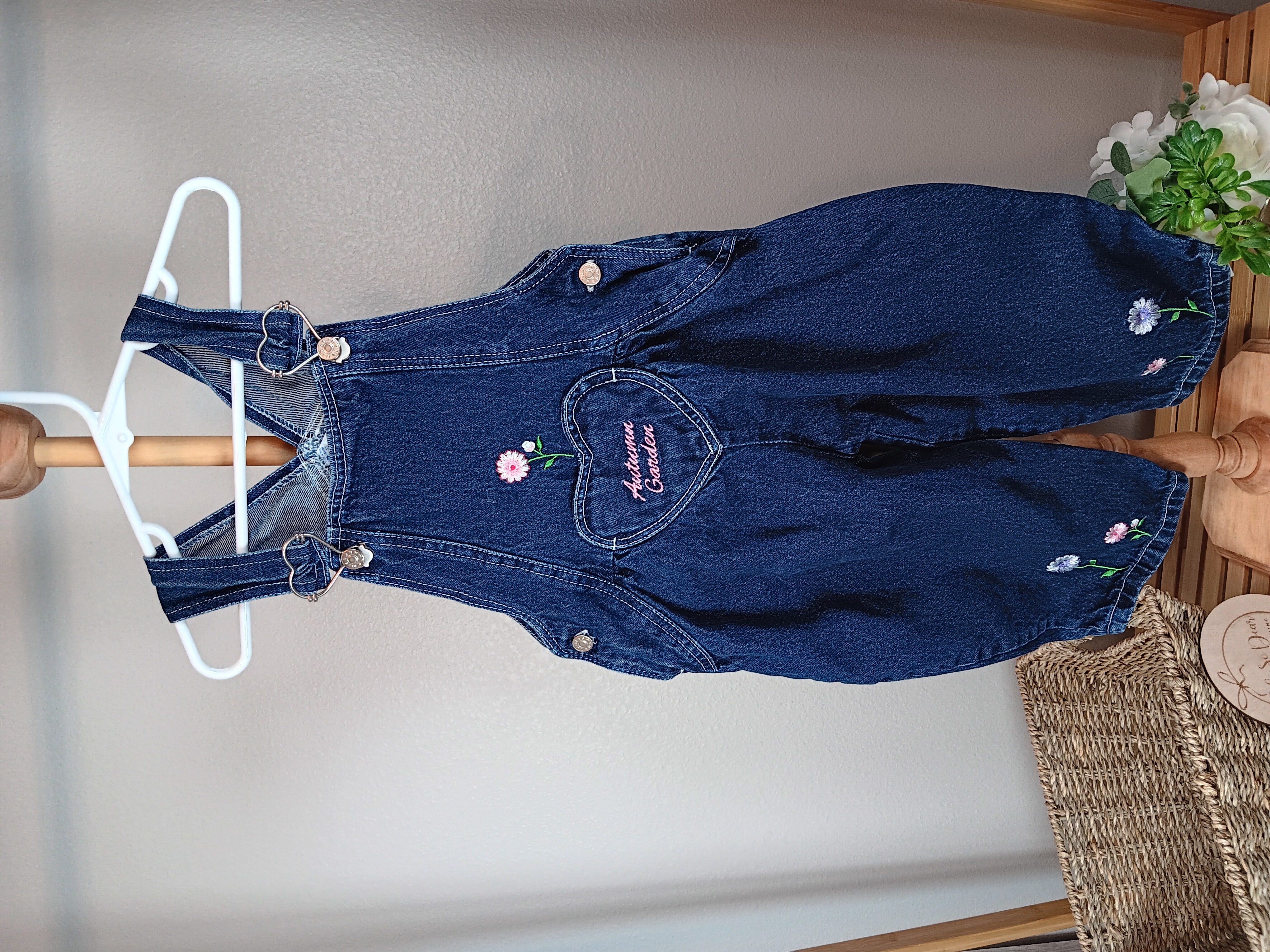 Girls' Floral Embroidered Denim Overalls Adorable heart-pocket overalls with cute flower details size 3T