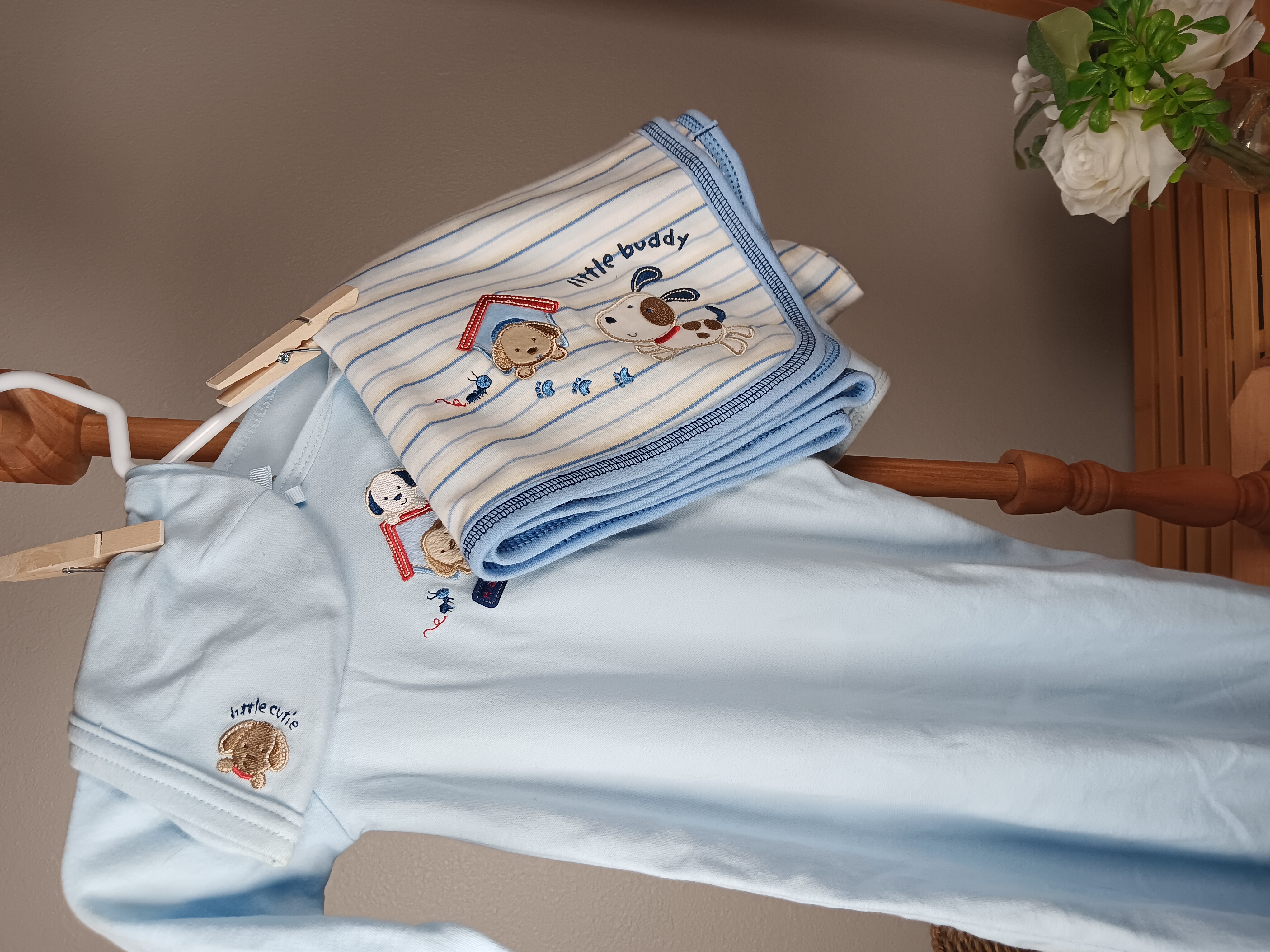 Baby Sleep Gown, Hat and Blanket Set Cozy blue infant outfit with matching striped blanket with puppies by Just one Year NWOT