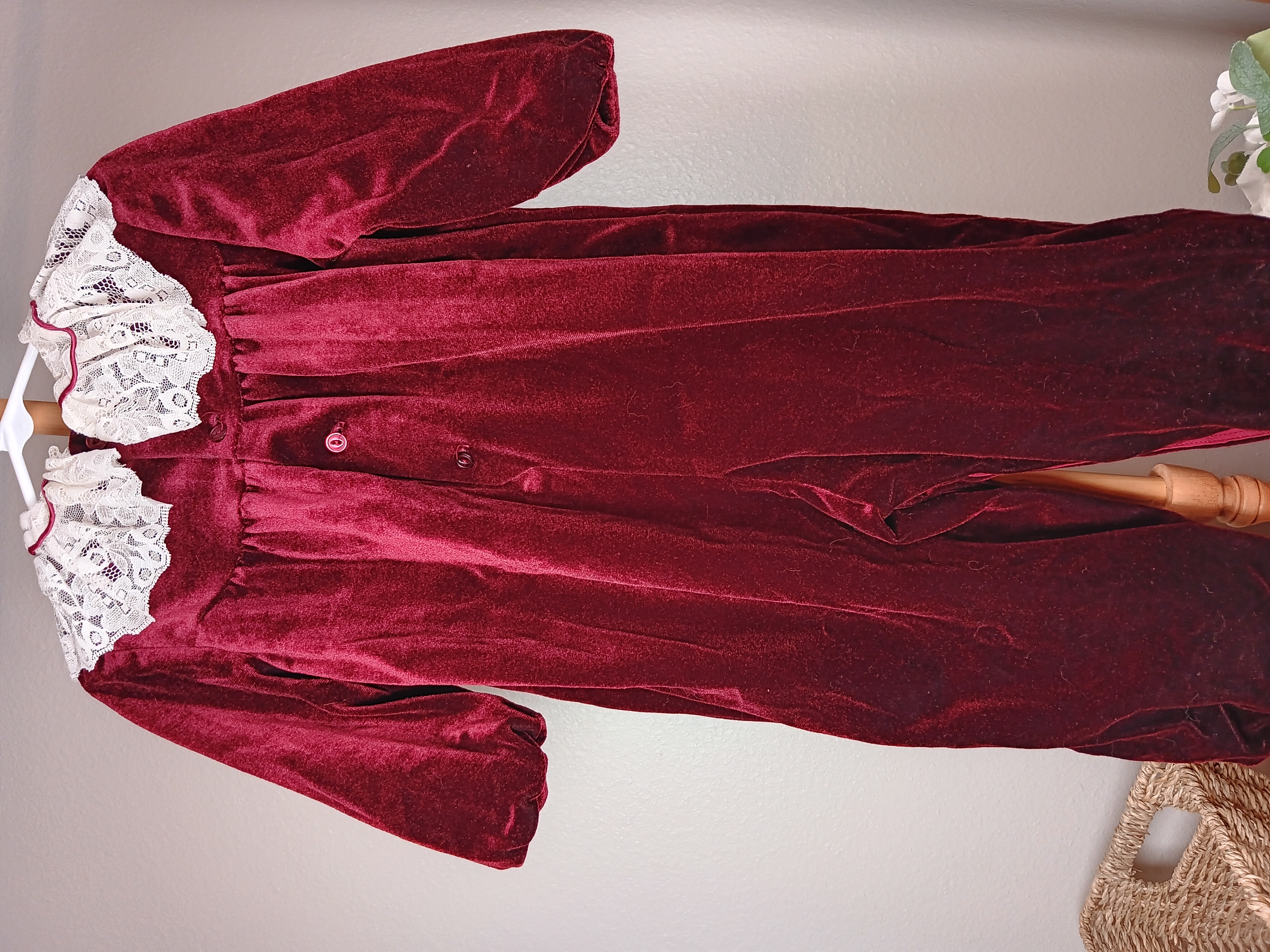 Vintage Burgundy Red Velvet Romper Elegant long-sleeve children's Romper with lace details Vintage paper tag 3T by Rare Editions