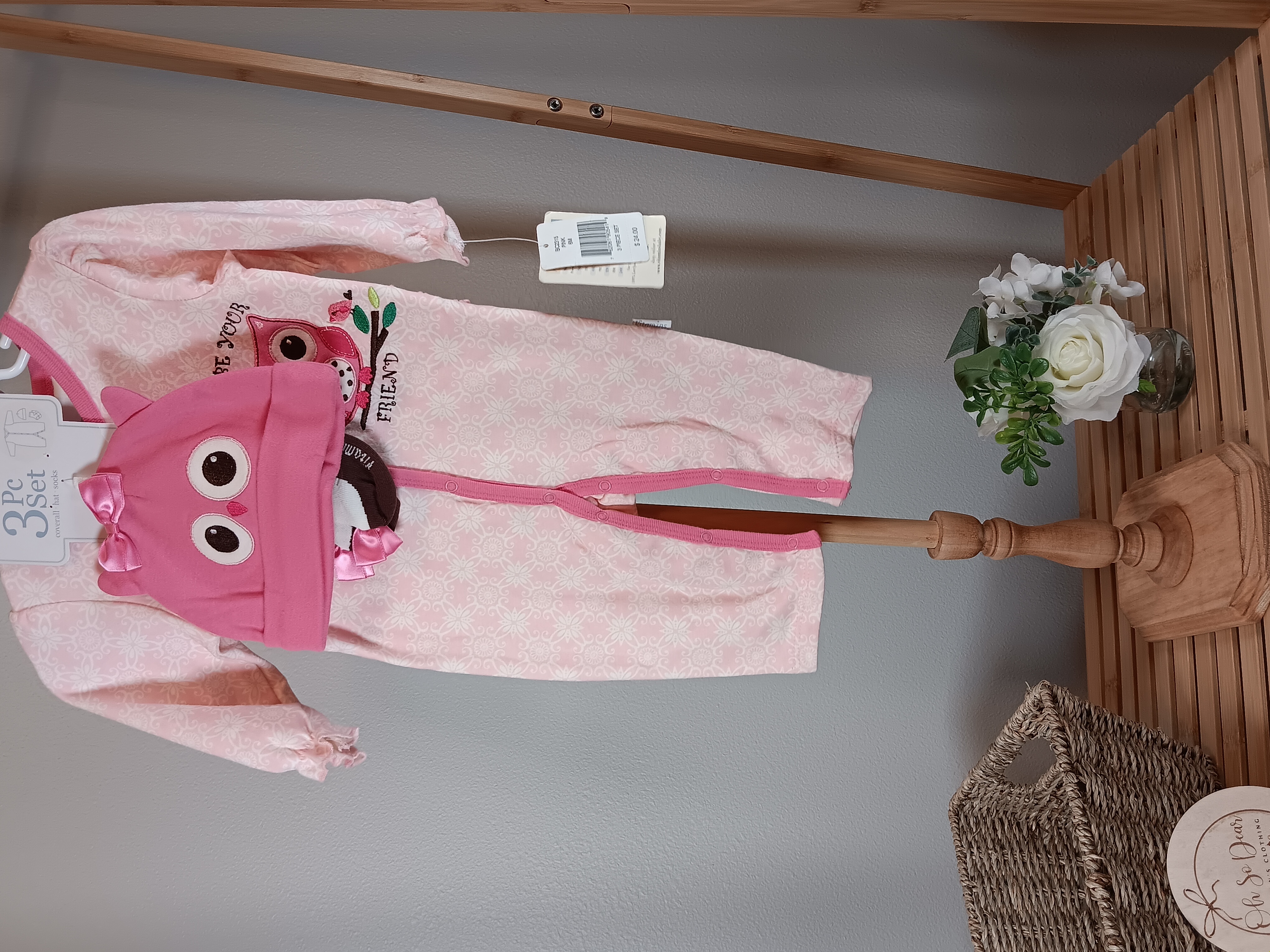 3 piece Owl set, romper with hat and sock booties size 6 months by Vitamins Baby