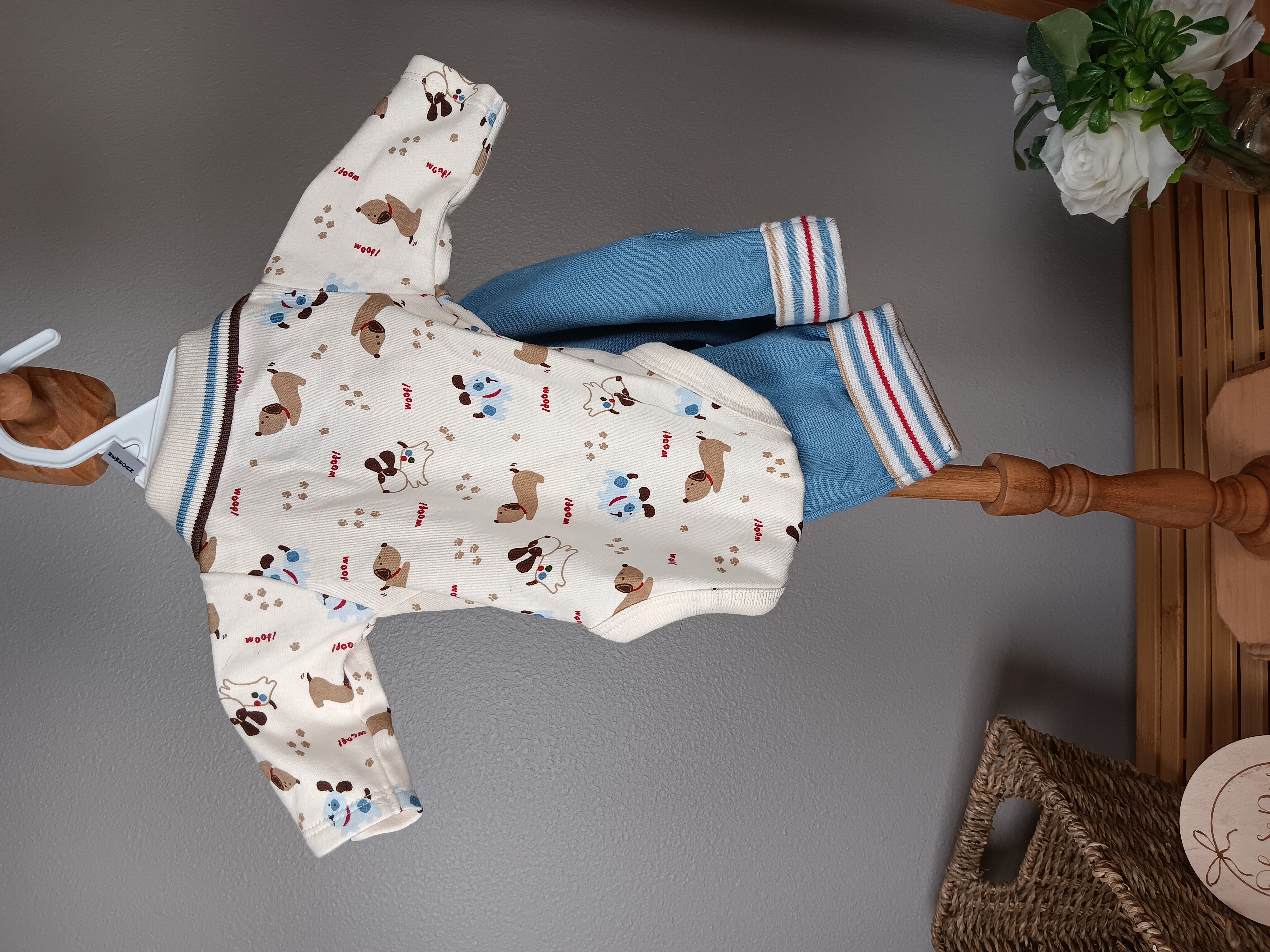 Preemie size 2 piece outfit with onesie and joggers from Child of mine by Carters with puppy theme