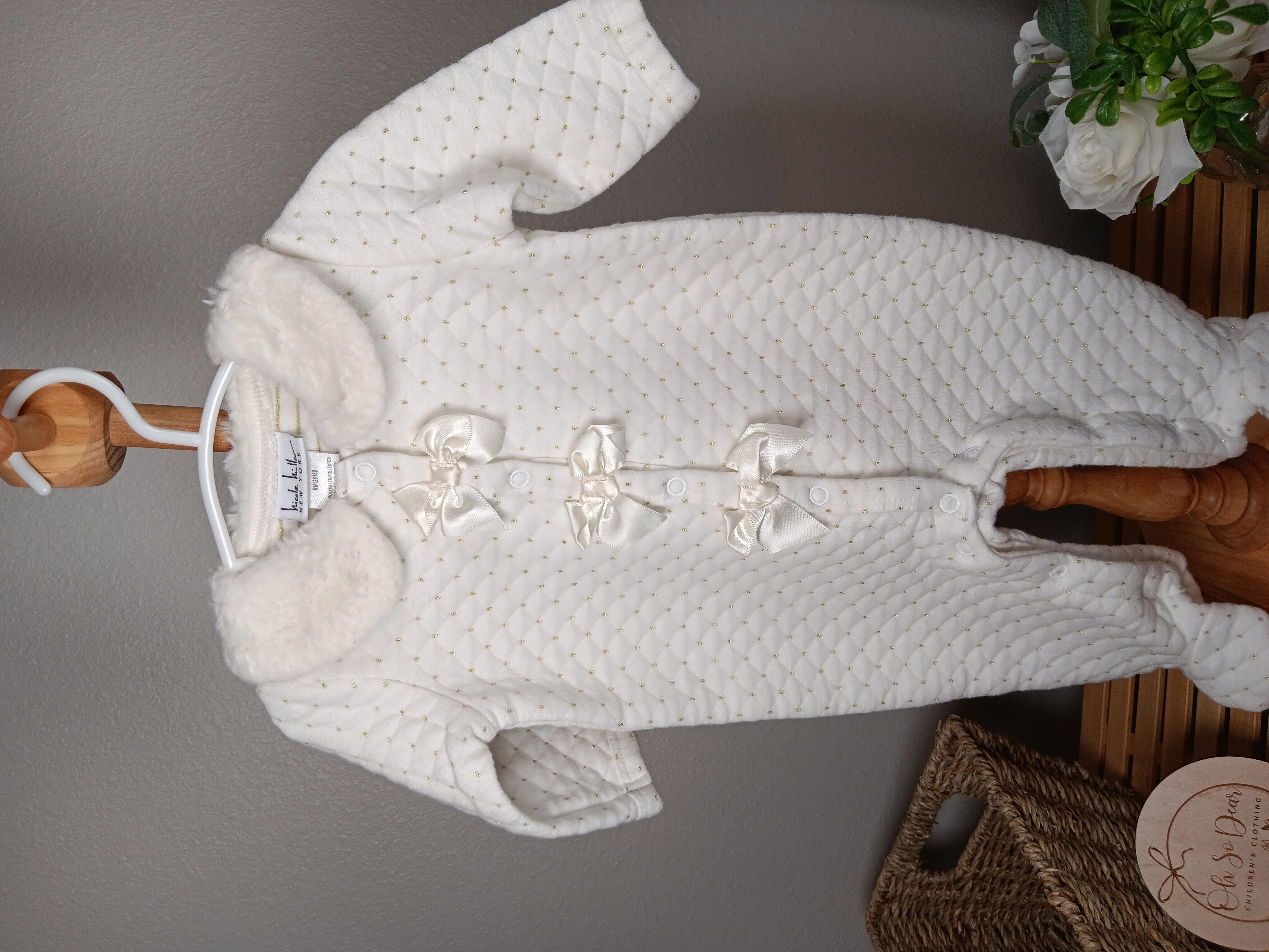 Ivory Quilted Baby Onesie by Nicole Miller size 3/6 months Cozy and elegant sleepwear or Party outfit for infants