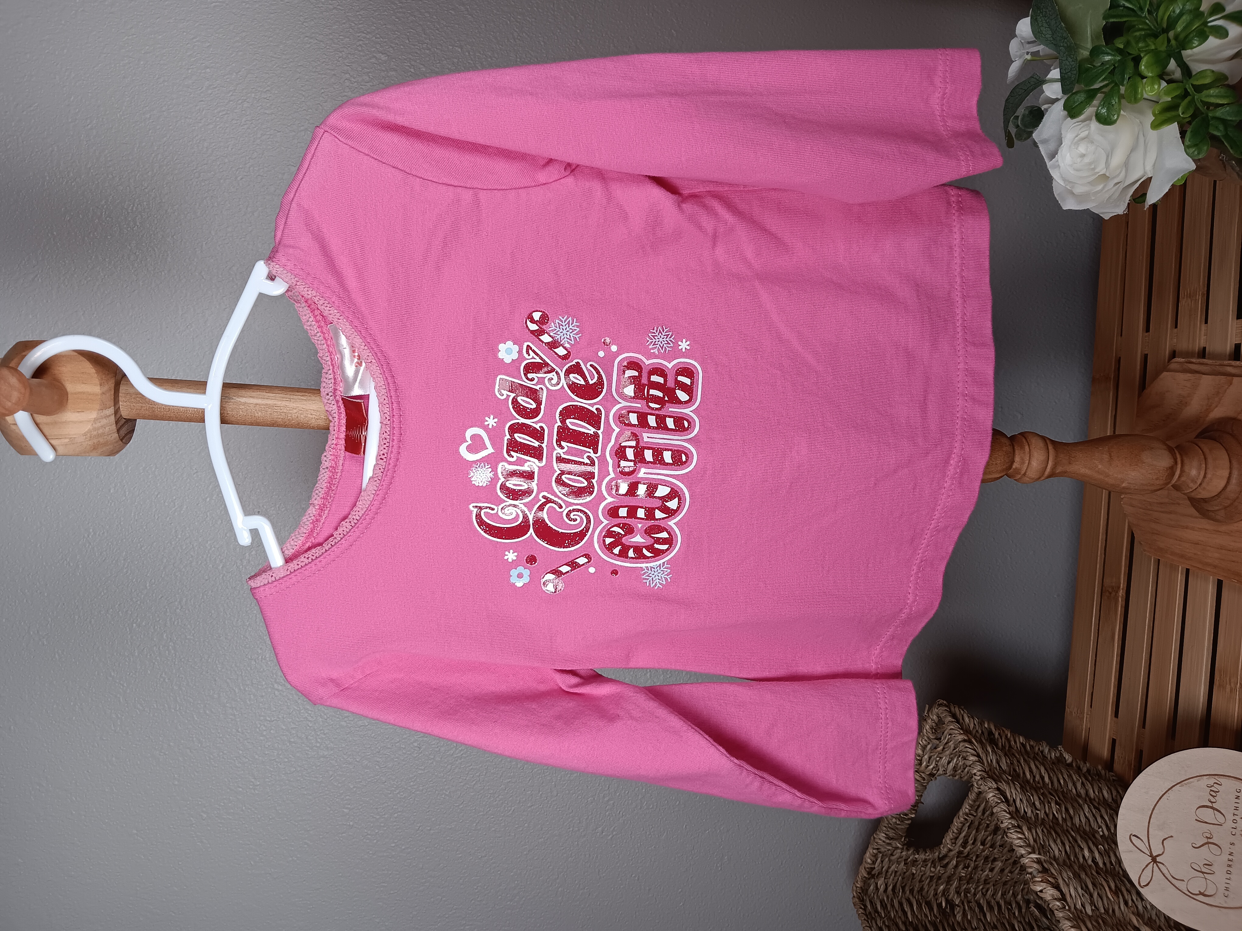 Girls' Pink Long Sleeve T-shirt for Christmas size 24 Months Candy Cane themed top for kids