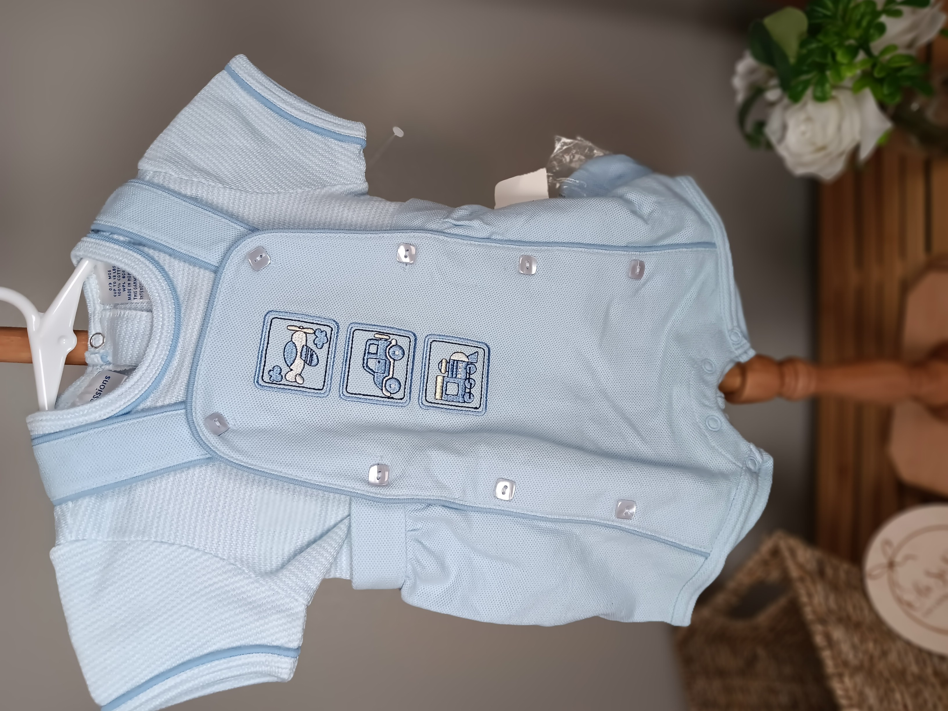 3 piece Baby Blue Romper with Vehicles down front. Shirt, Romper and booties by First Impressions size 0 to 3 months NWT