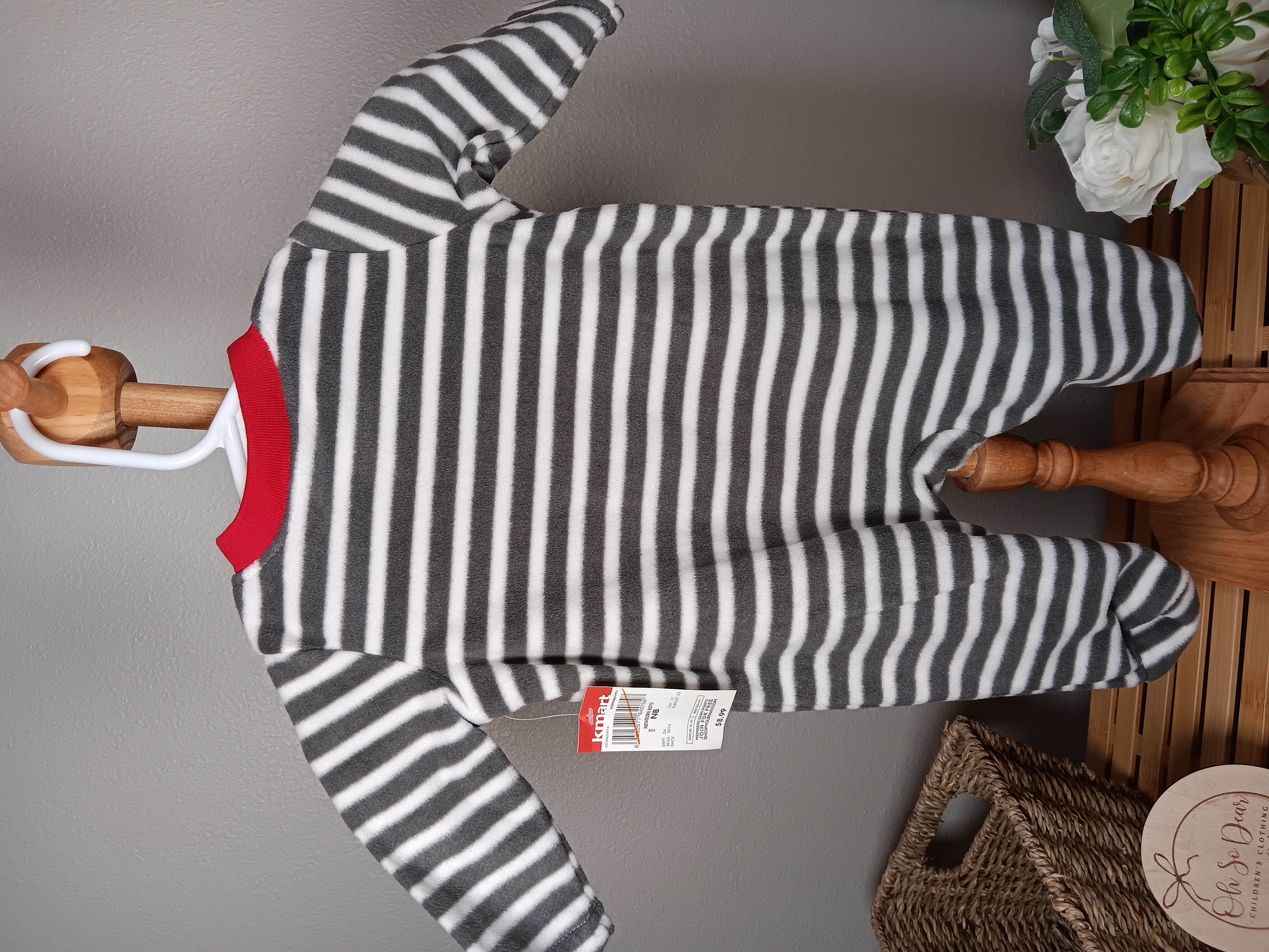 Striped Baby Onesie with Penguin Feet Cozy fleece, playful design—perfect for winter! Size newborn from Kmart NWT