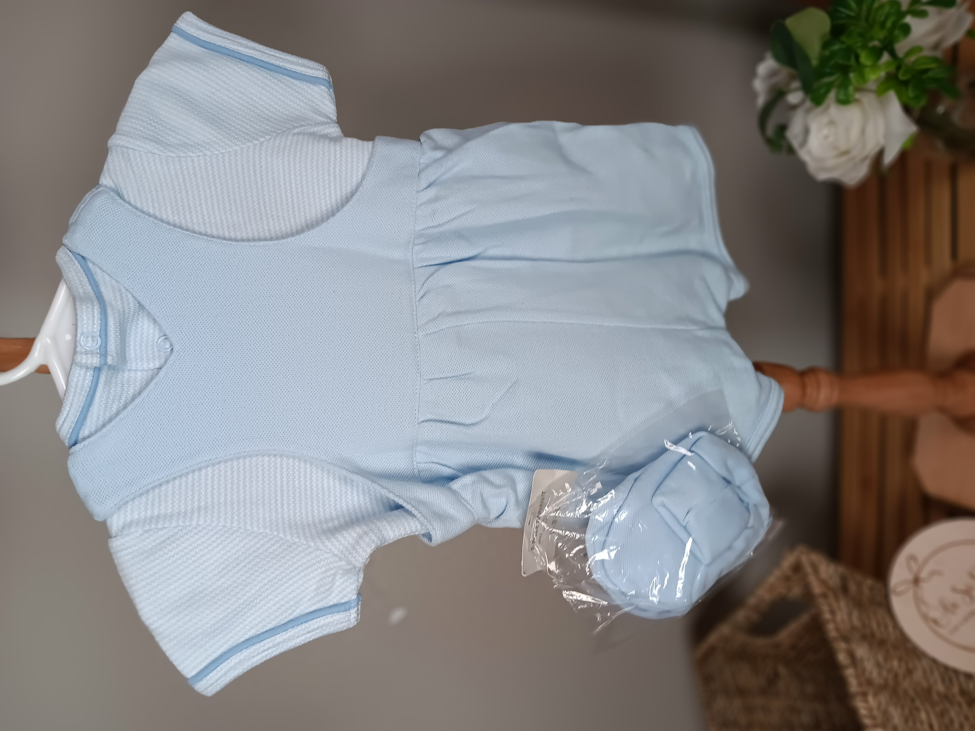 3 piece Baby Blue Romper with Vehicles down front.  Shirt, Romper and booties by First Impressions size 0 to 3 months NWT 